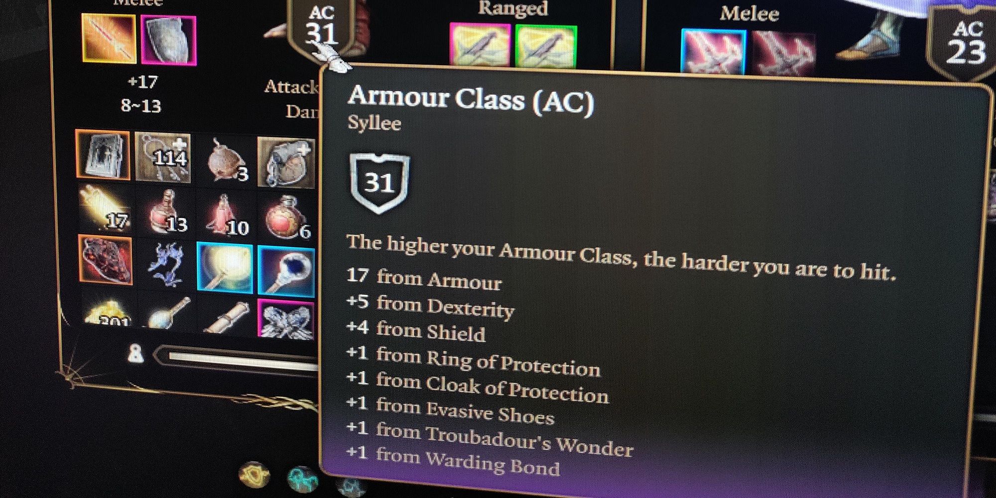 A close-up crop of an inventory screen from the game Baldur's Gate 3. The player's mouse is hovering over their character's Armor Class, where a pop-up box shows a value of 31, and a breakdown of which equipped items are contributing to that number.