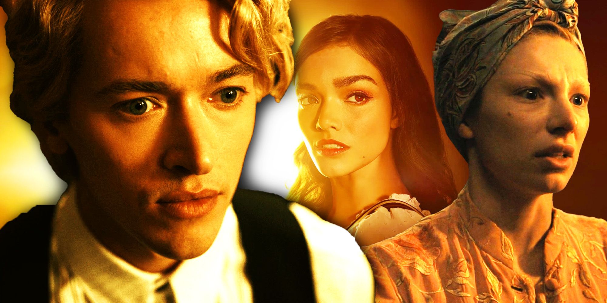 Tom Blyth as Coriolanus Snow, Rachel Zegler as Lucy Gray Baird, Hunter Schafer as Tigris in The Hunger Games: The Ballad of Songbirds and Snakes.