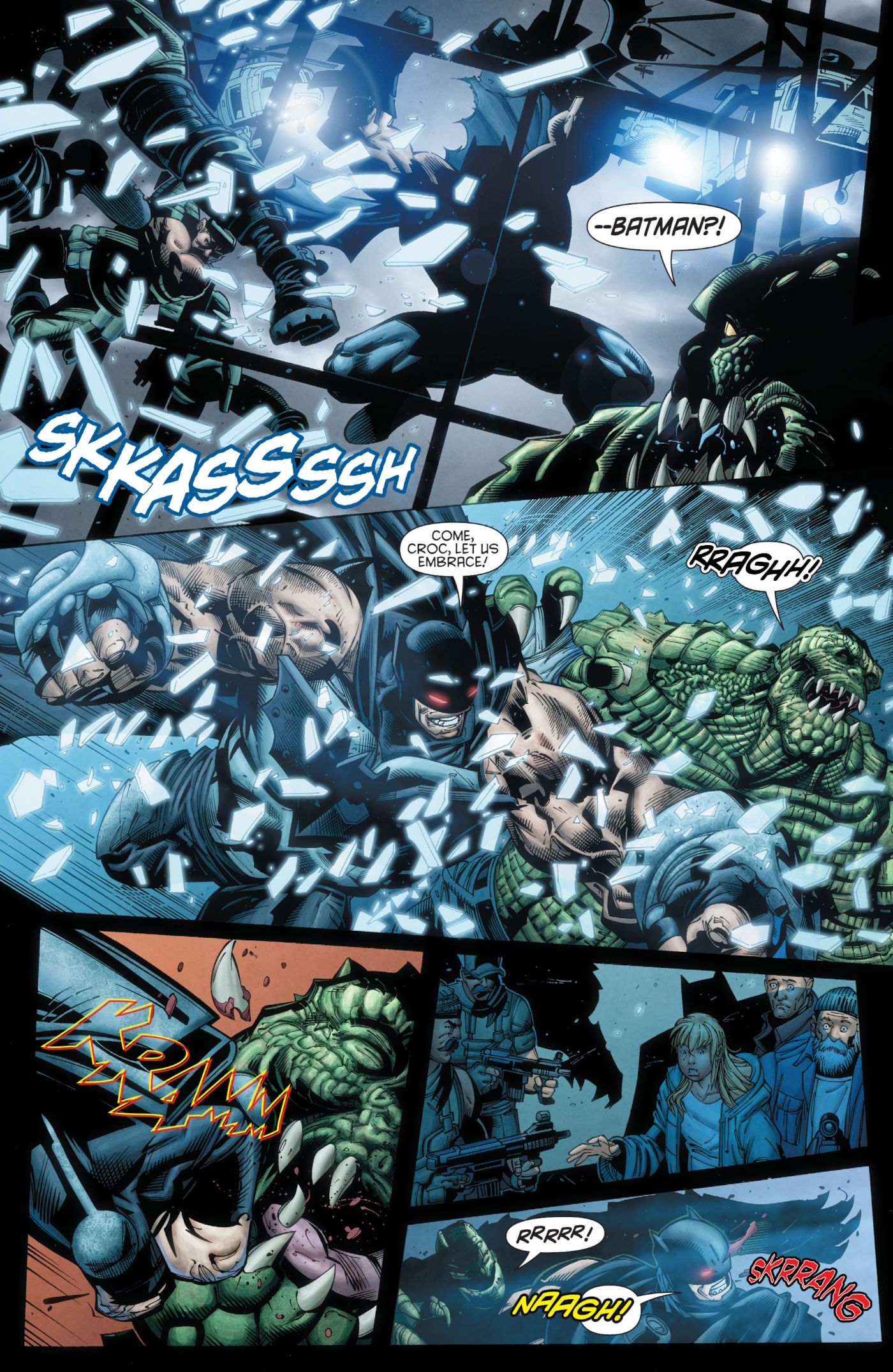 "Forever Evil", Bane como Batman em uma luta brutal com o vilão Killer Croc