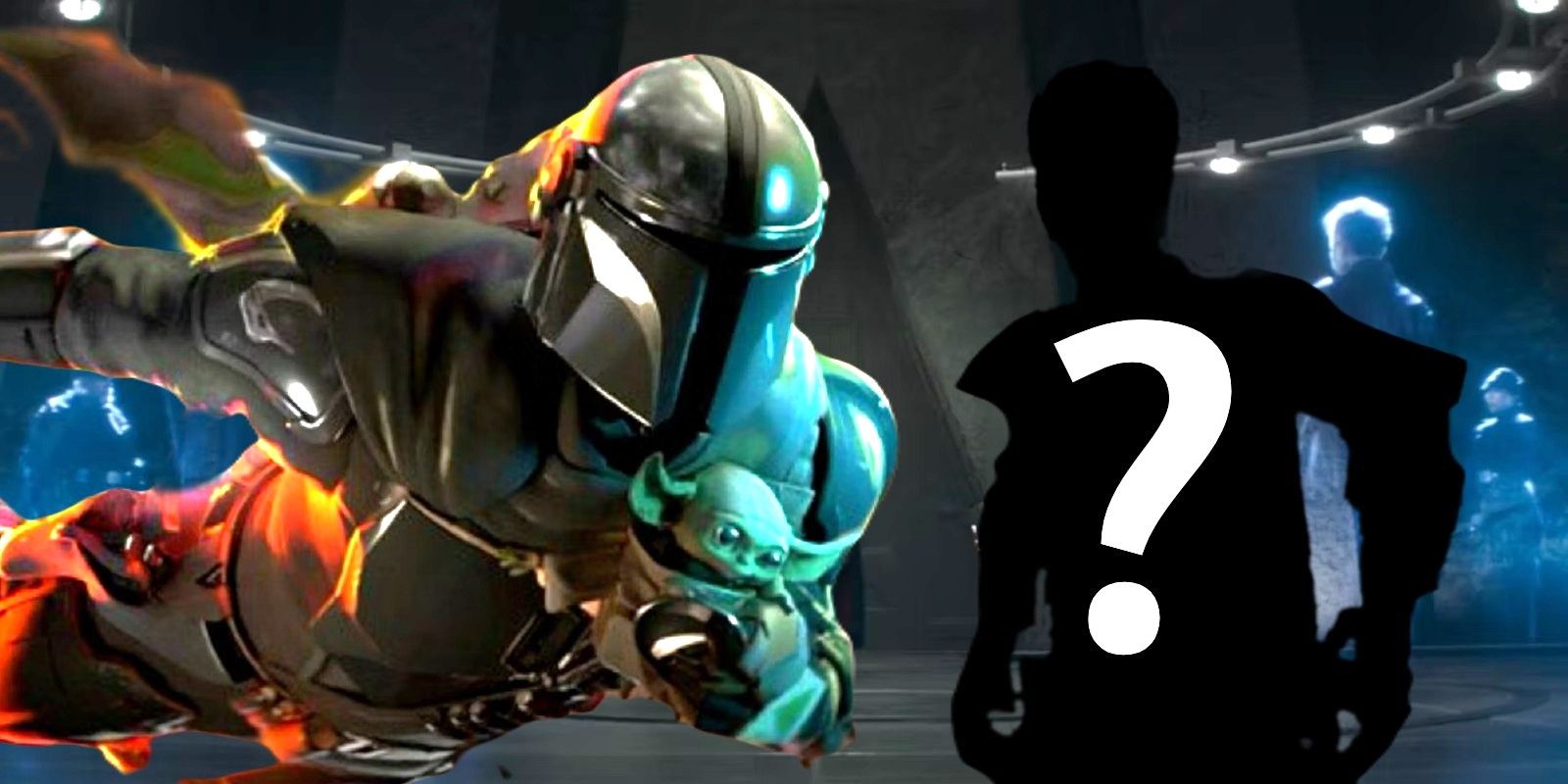 Din Djarin and Grogu next to a silhouette in front of the Imperial Shadow Council