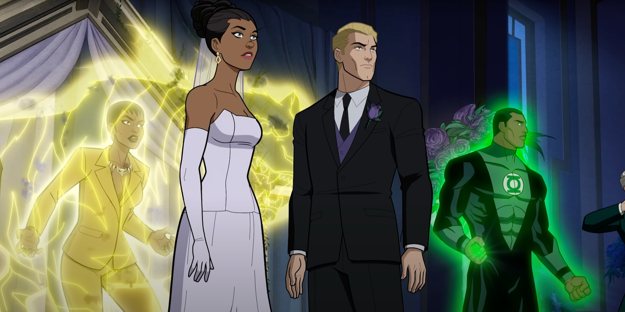 Barry, Iris, Vixen and Green Lantern stand against Harbinger at the wedding in Justice League Crisis on Infinite Earths