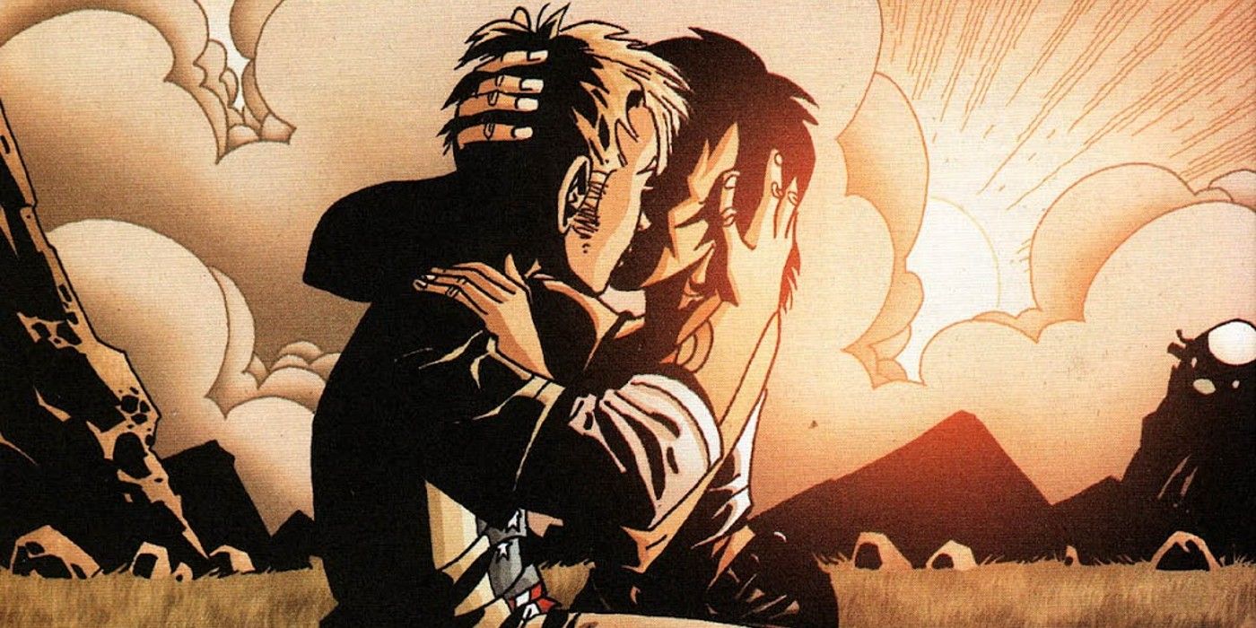 Comic book panel: Batgirl and Zero kiss during a sunset.