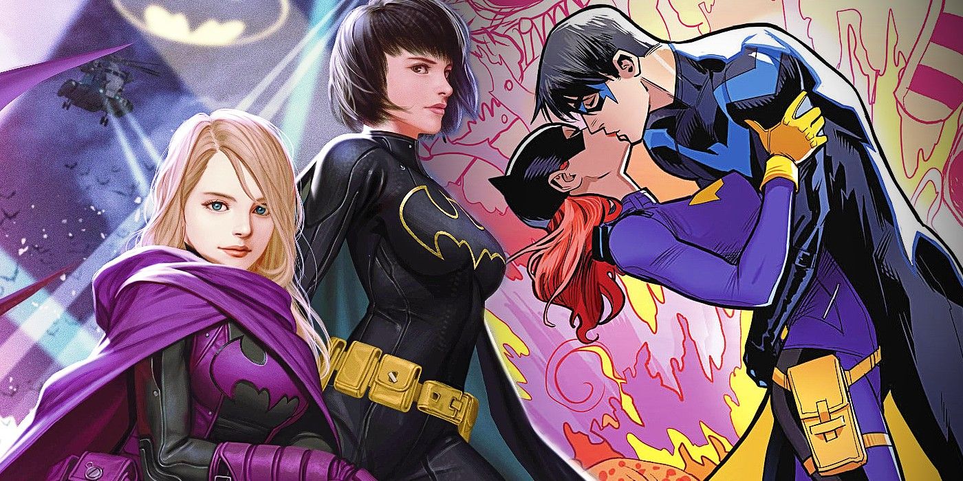 Comic book art: Batgirls Stephanie Brown and Cassandra Cain next to Batgirl Barbara Gordon kissing Nightwing.