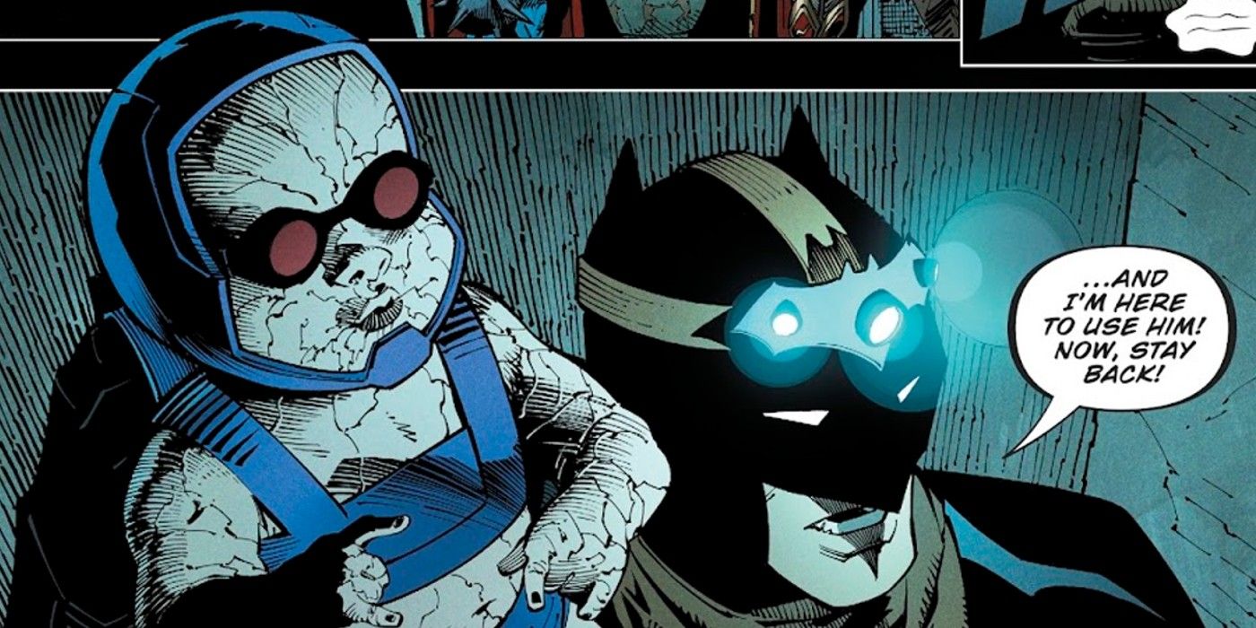 Comic book panel: Batman holding Baby Darkseid