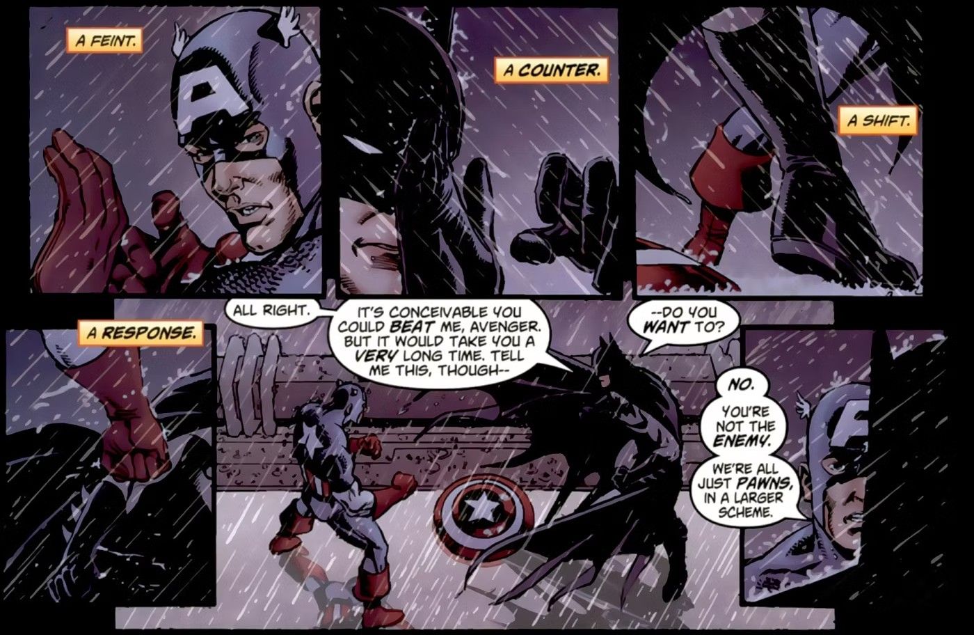 Comic book panels: Batman and Captain America face off in the rain.