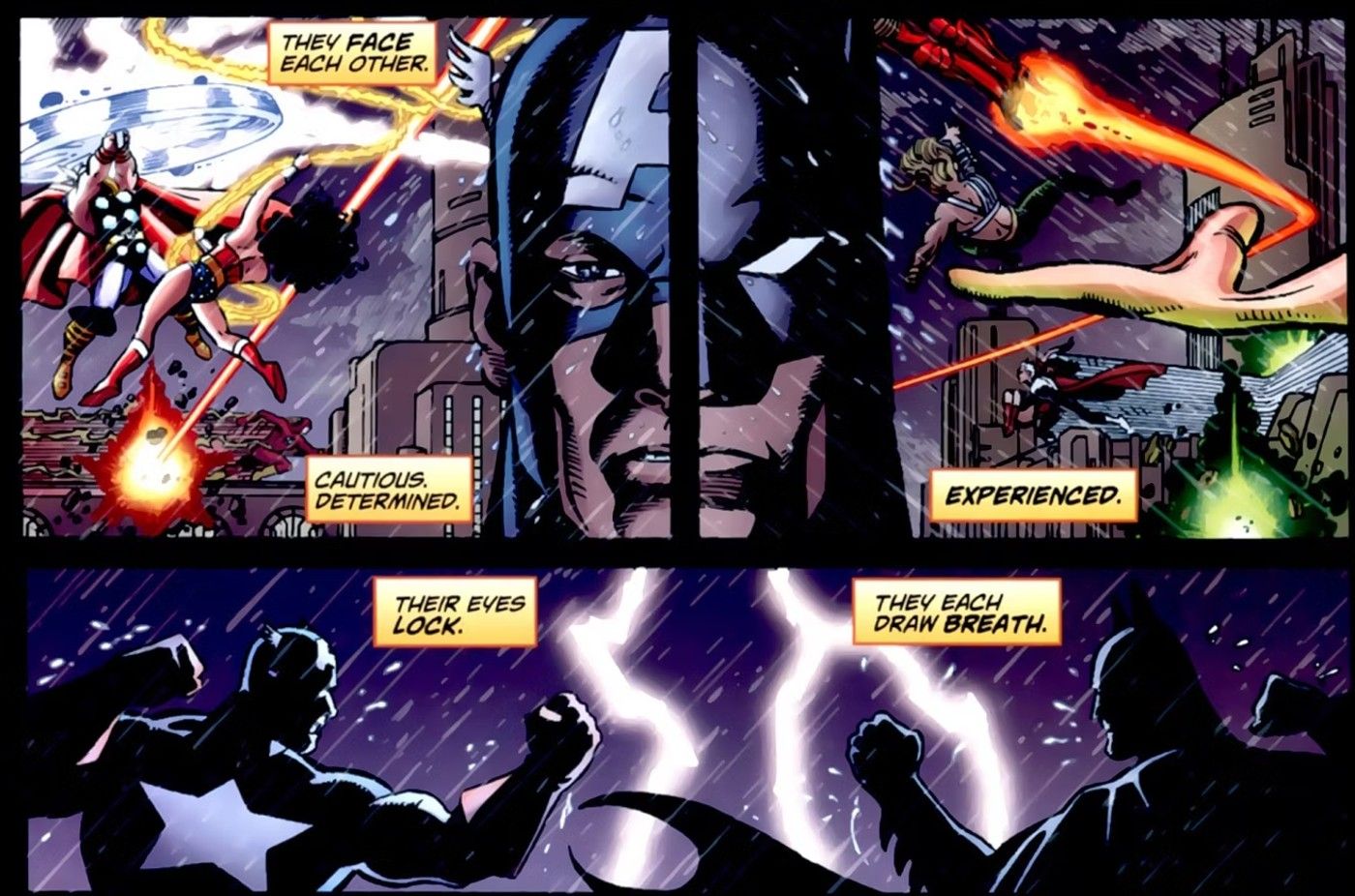 Comic book panels: Captain America and Batman face each other during a battle.