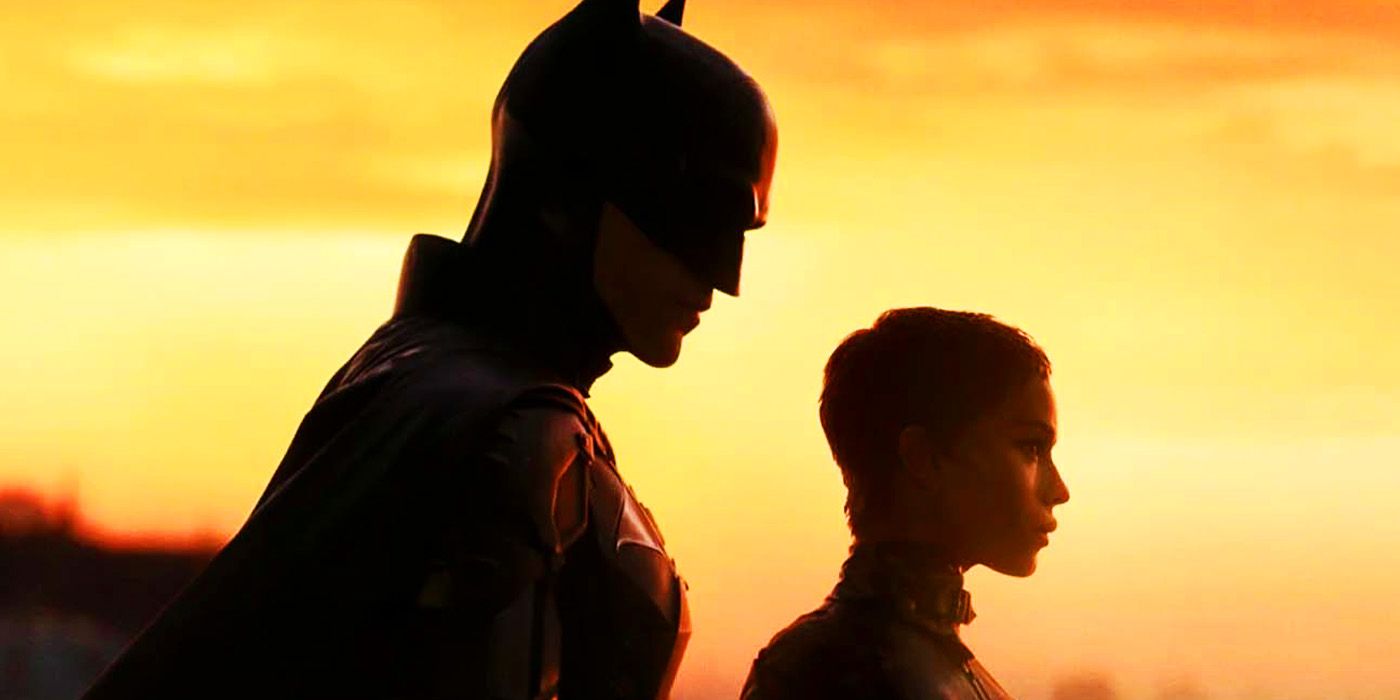 Batman and Catwoman at sunset in The Batman