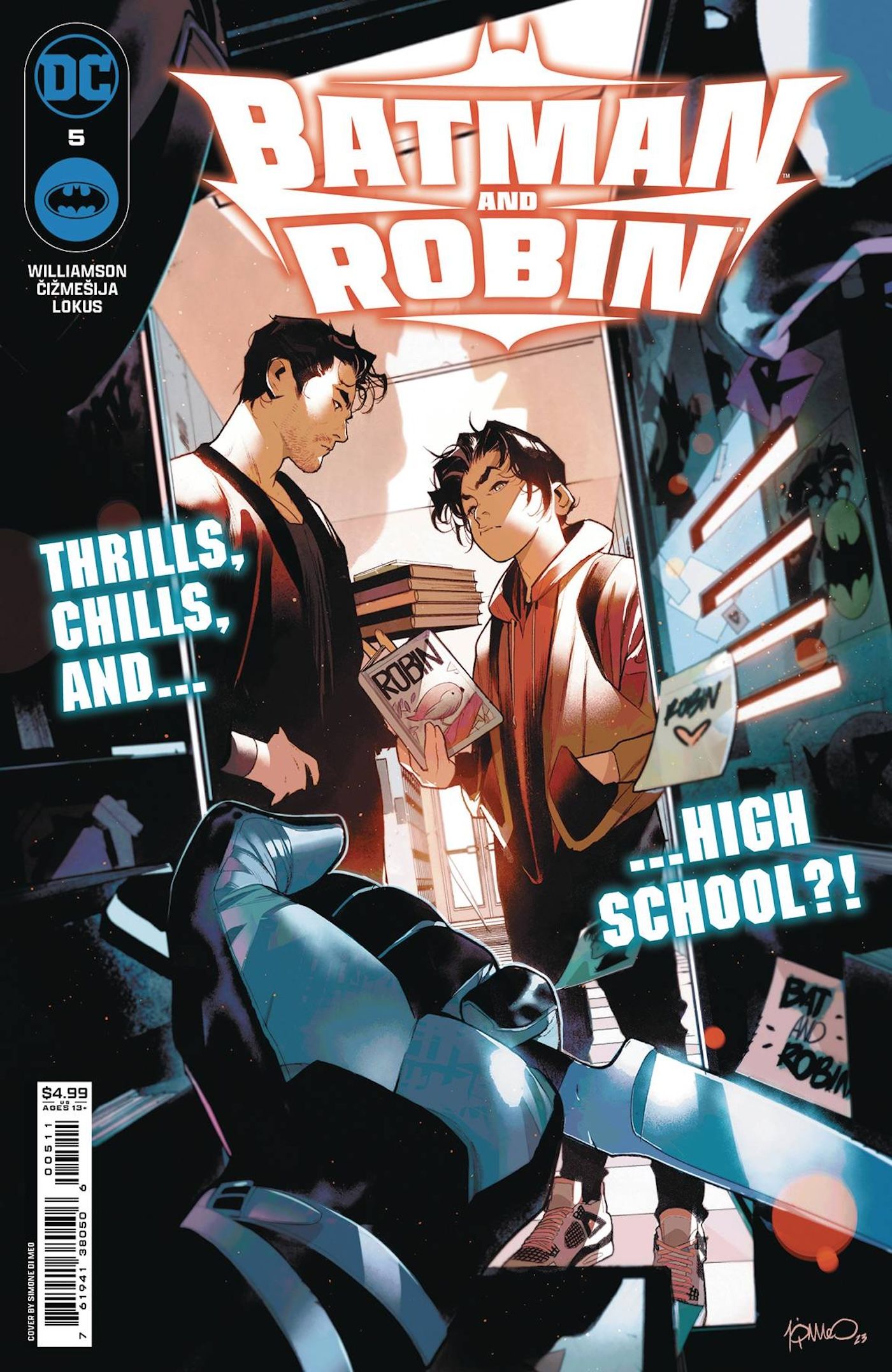 Batman and Robin 5 Main Cover: Bruce Wayne and Damian Wayne stand outside a locker.