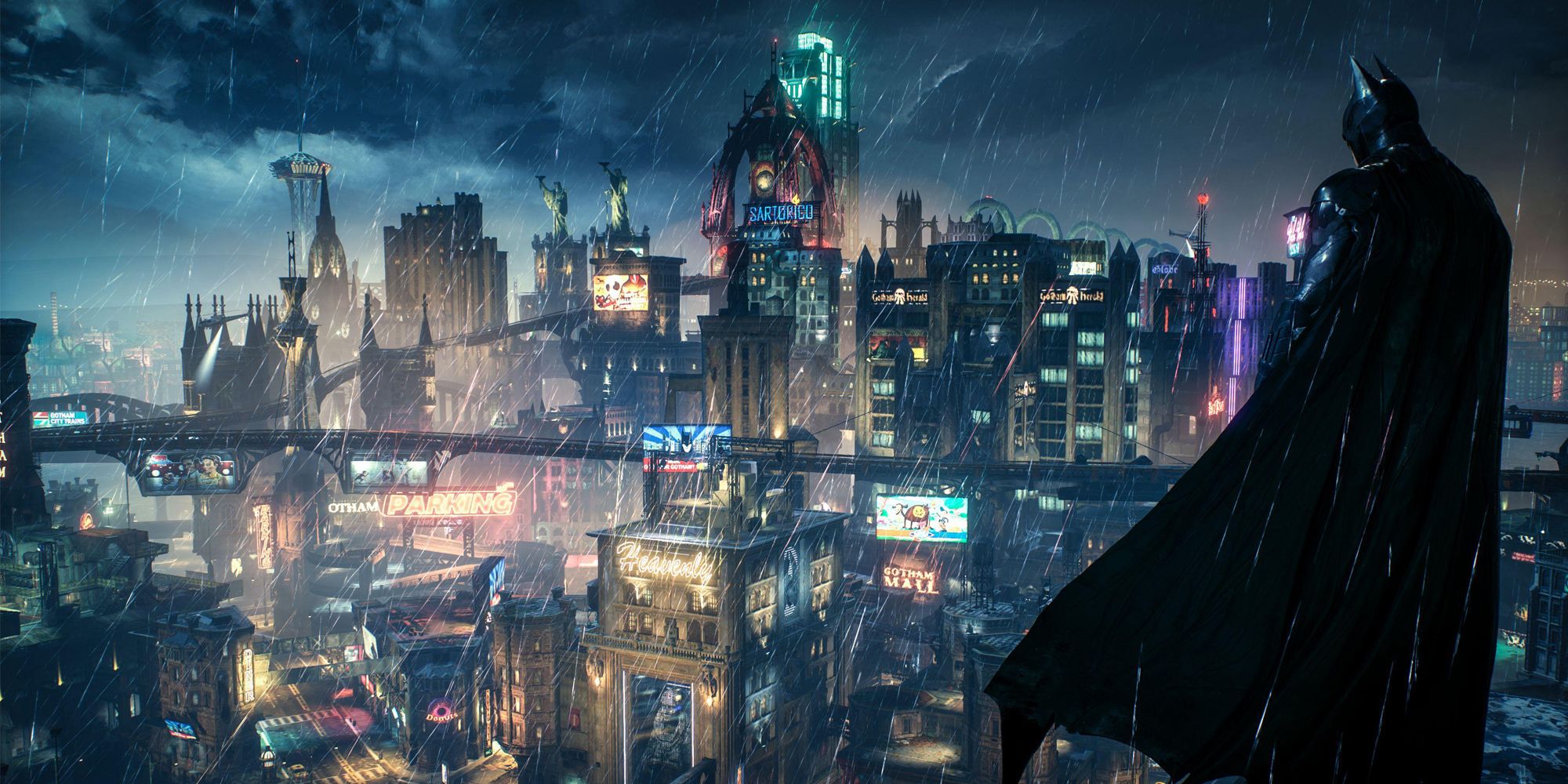 Batman Arkham Knight - Batman overlooking a rainy Gotham skyline.