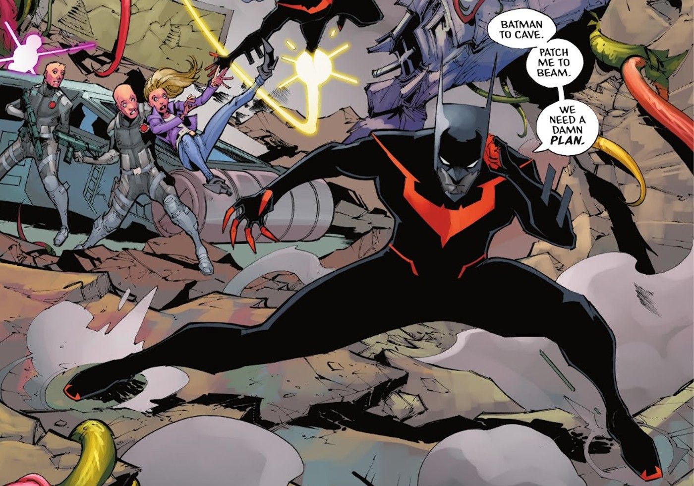 Comic book panel: Batman Beyond in red and black costume in a crouched pose.