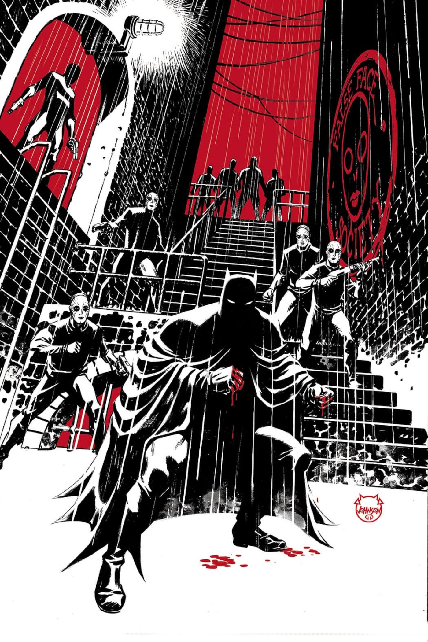 Batman Dark Age 2 Johnson Variant Cover Solicits: Batman fighting criminals in a black, white, and red rendering.