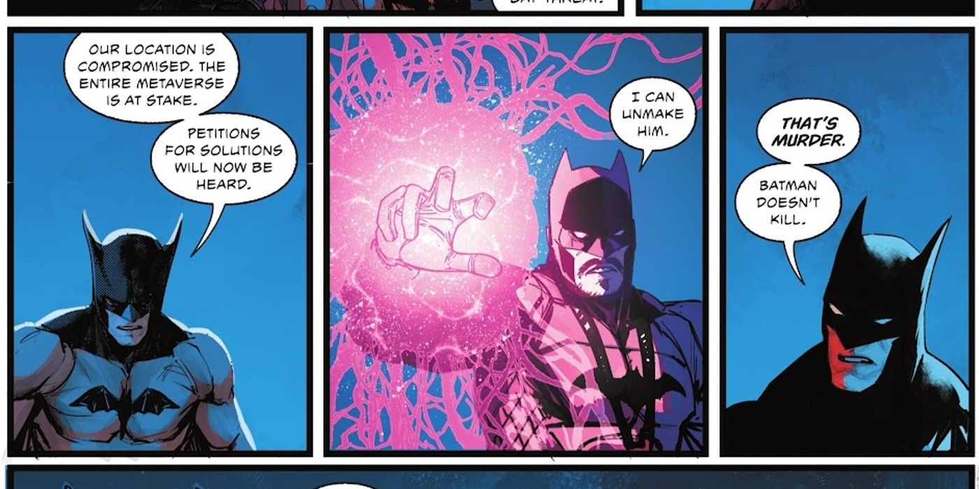 Comic book panels: versions of Batman from across the multiverse discuss killing Luke Fox.