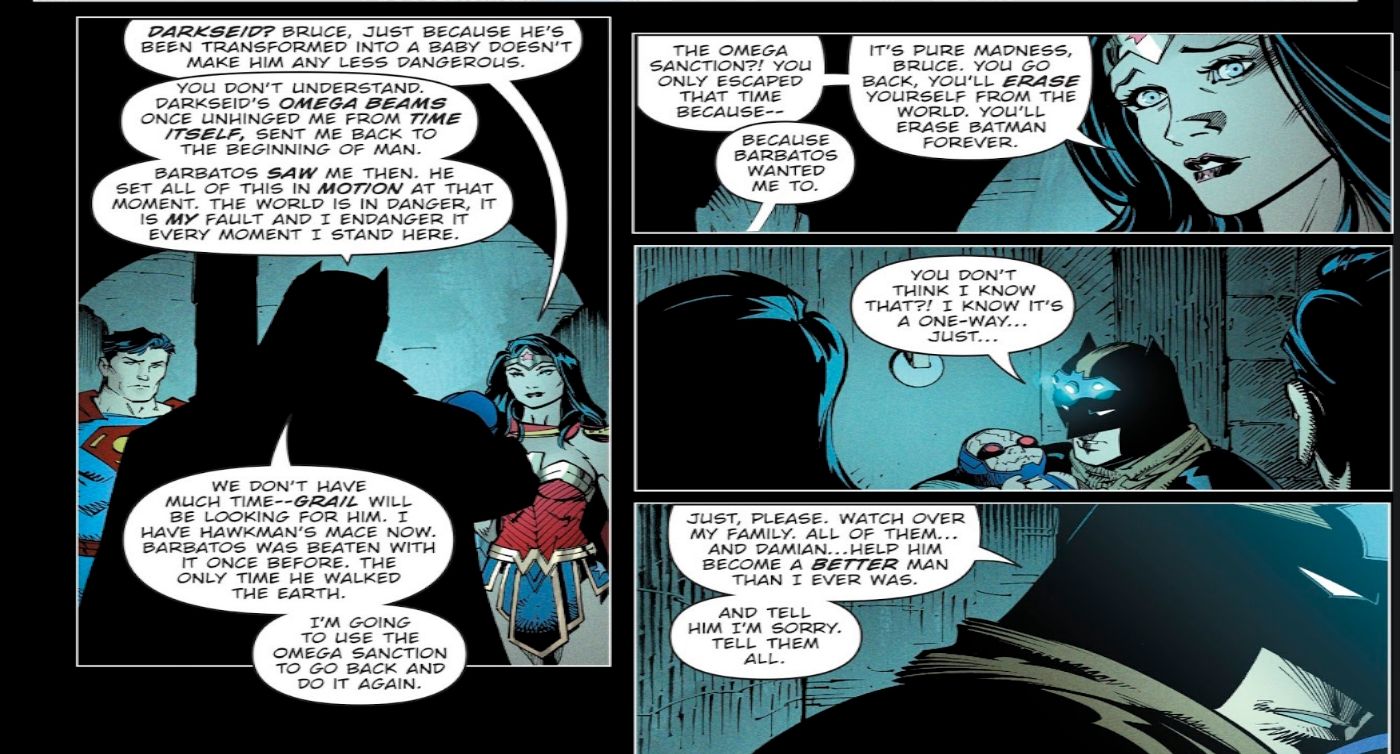 Comic book panels: Batman Explains His Plan To Use Baby Darkseid