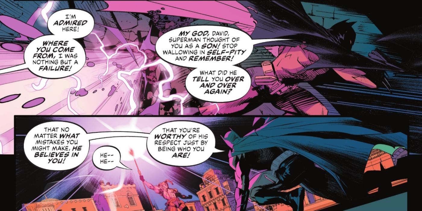 Comic book panels: Batman dodging blasts of purple energy.