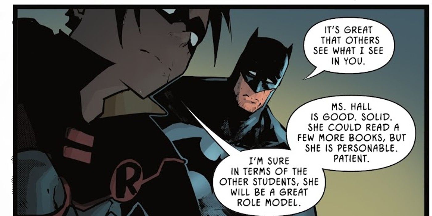 Comic book panel: Batman is proud of Robin Damian Wayne's high school life