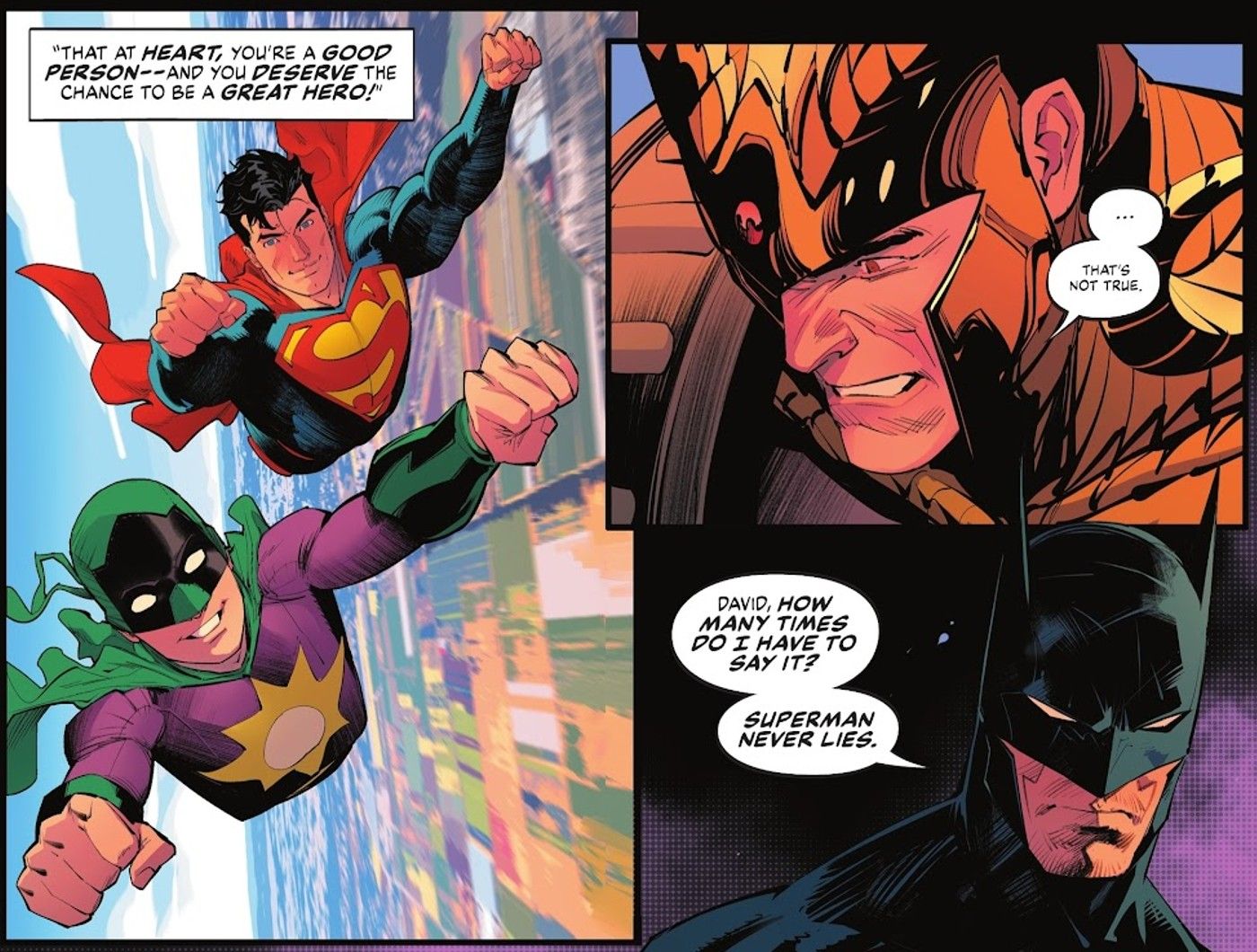 Comic book panels: Magog remembers being Boy Thunder, flying at Superman&rsquo;s side.