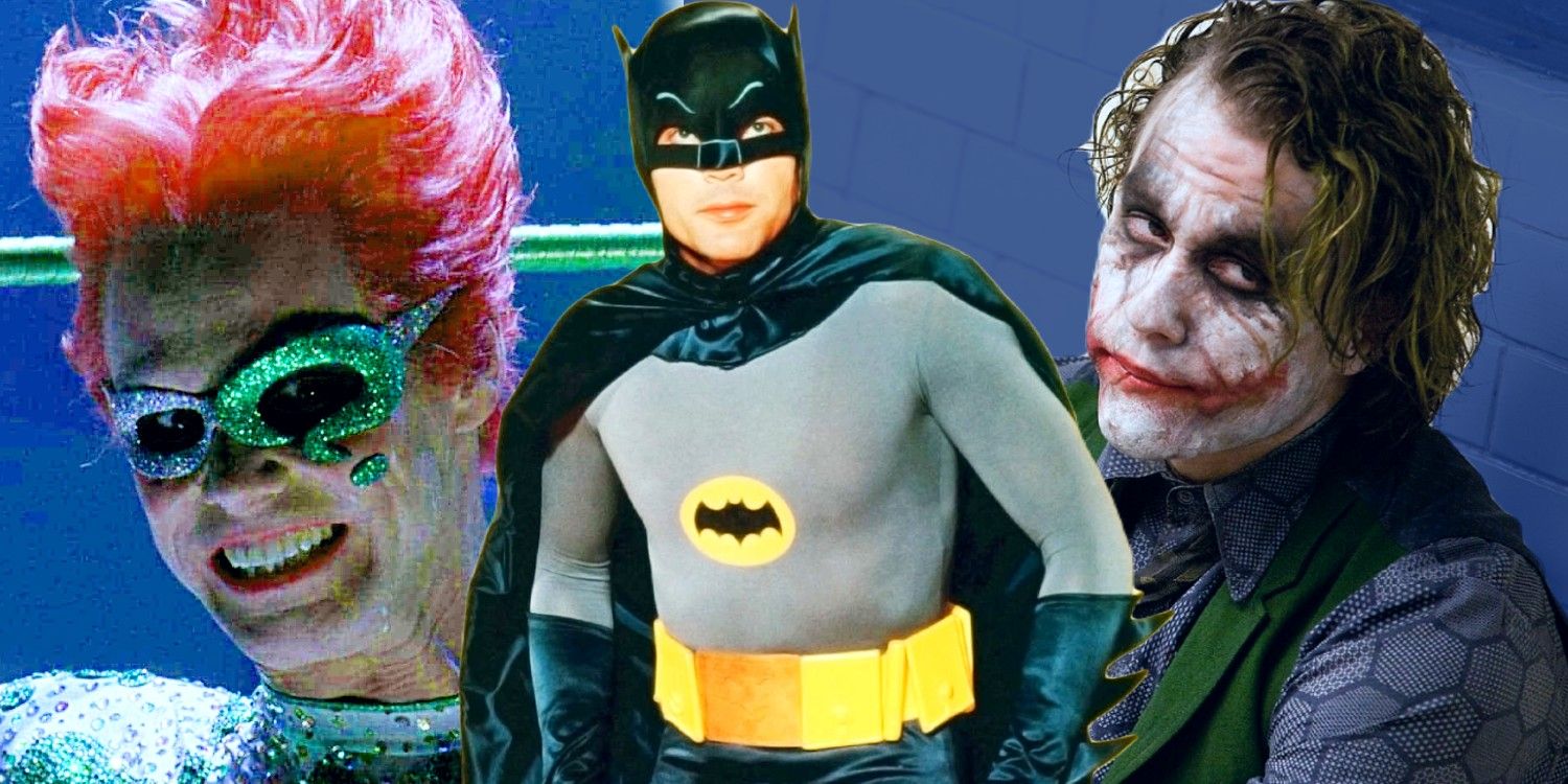 Batman movie weirdest scenes, blended image with adam west&rsquo;s batman, heath ledger&rsquo;s joker, and jim carrey&rsquo;s riddler