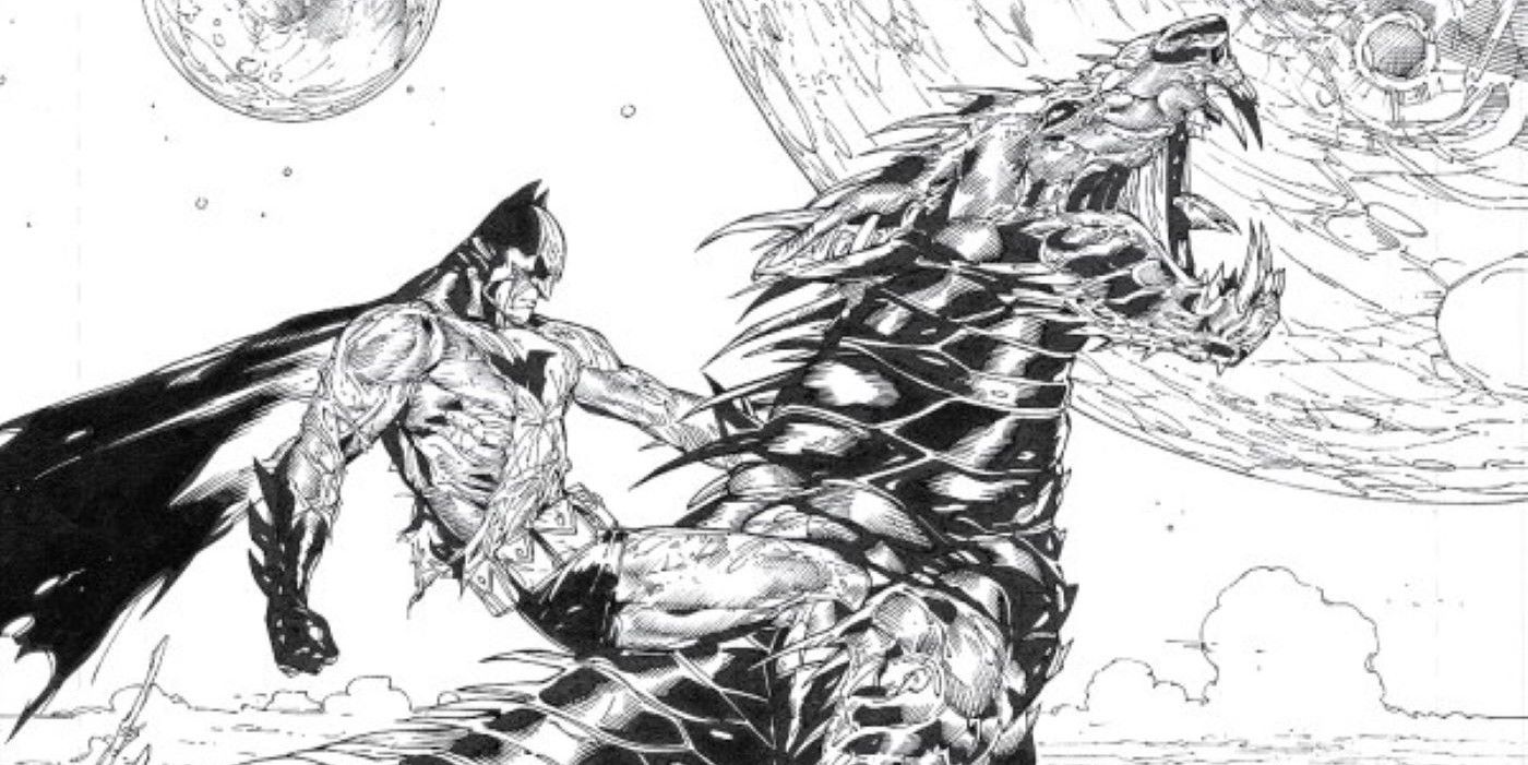 Batman Off-World #3 Batman pictured riding his barbed wolf in black and white
