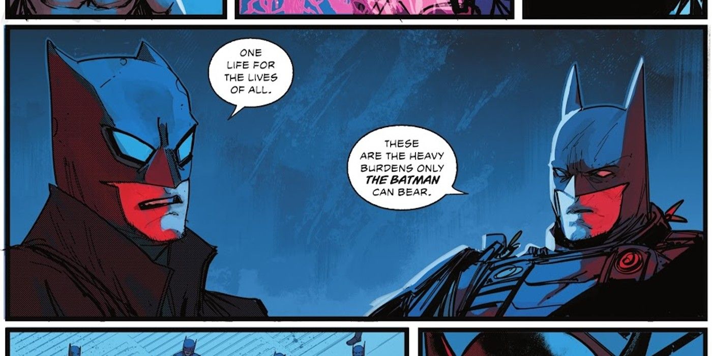 Comic book panel: Two multiversal version of Batman talk.