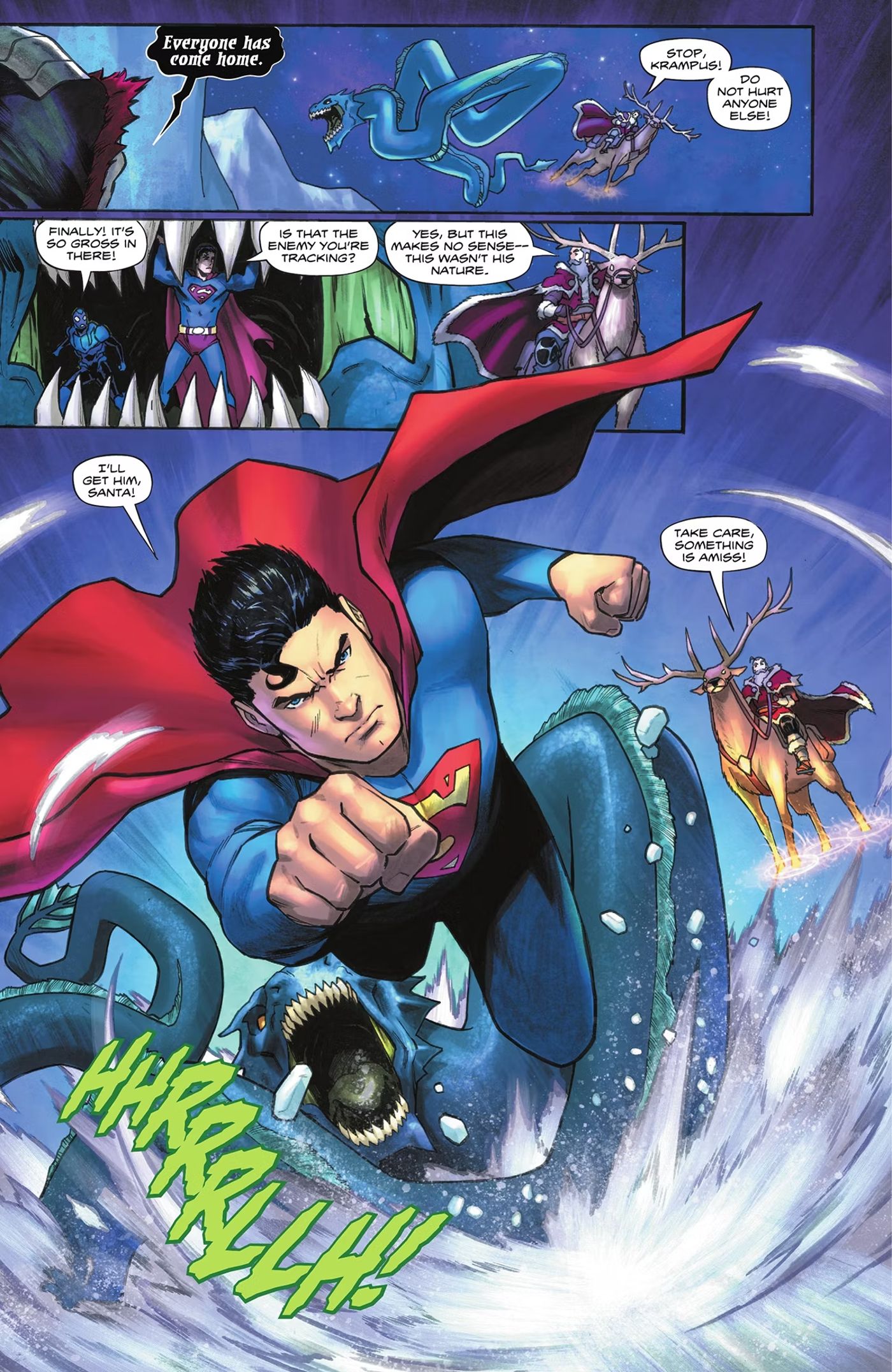 Batman/Santa Claus: Silent Knight #3 page 21. Superman flies towards the reader, saying &ldquo;I&rsquo;ll get him, Santa!&quot;