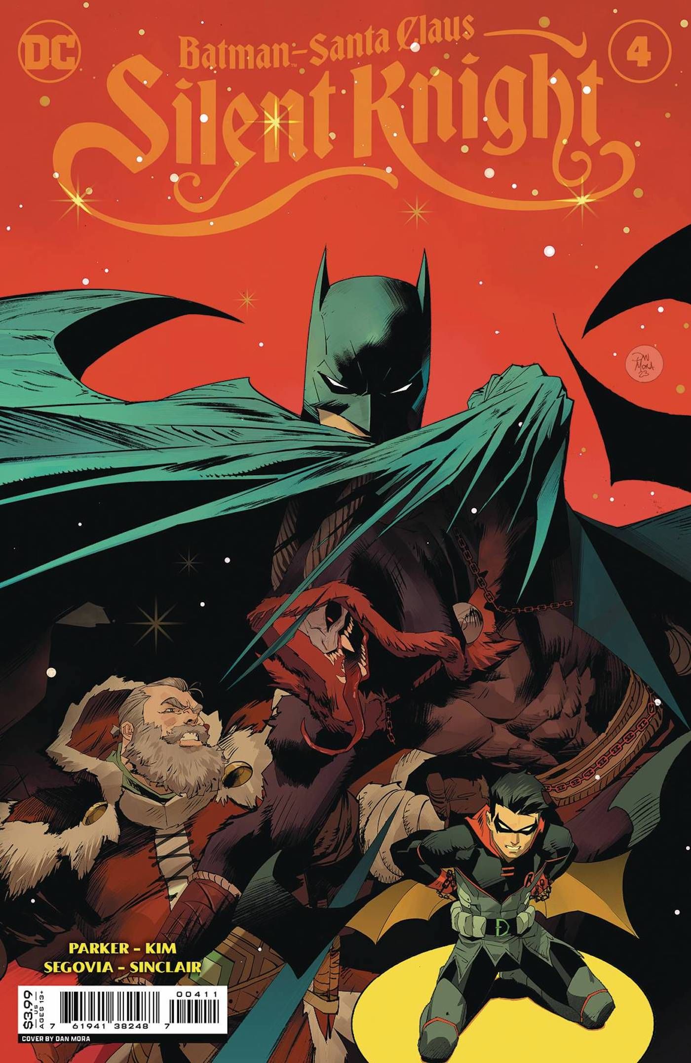 Batman/Santa Claus: Silent Knight #44 Main Cover: Batman and Robin in fighting poses alongside Santa.