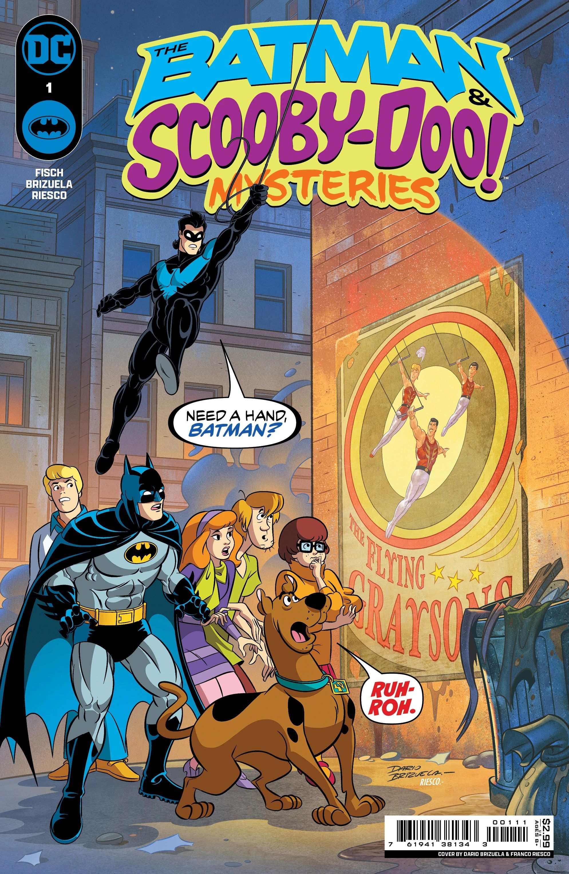 Batman Scooby-Doo Mysteries 1 Main Cover: Nightwing swings into the scene, offering help while Batman and the Scooby-Gang stare in shock at a poster for &lsquo;The Flying Graysons.'