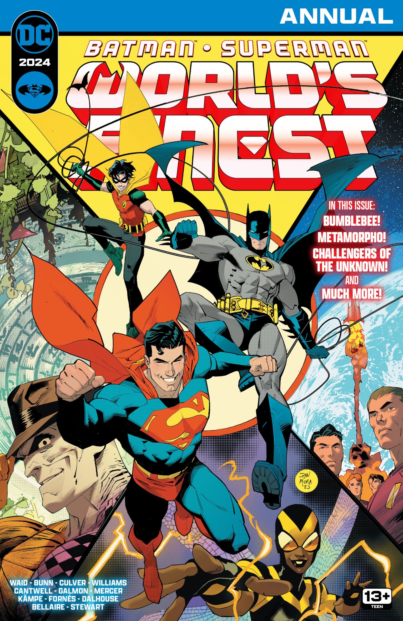 Batman Superman World's Finest 2024 Annual Main Cover: Batman and Superman at the center of a cover featuring other costumed superheroes.