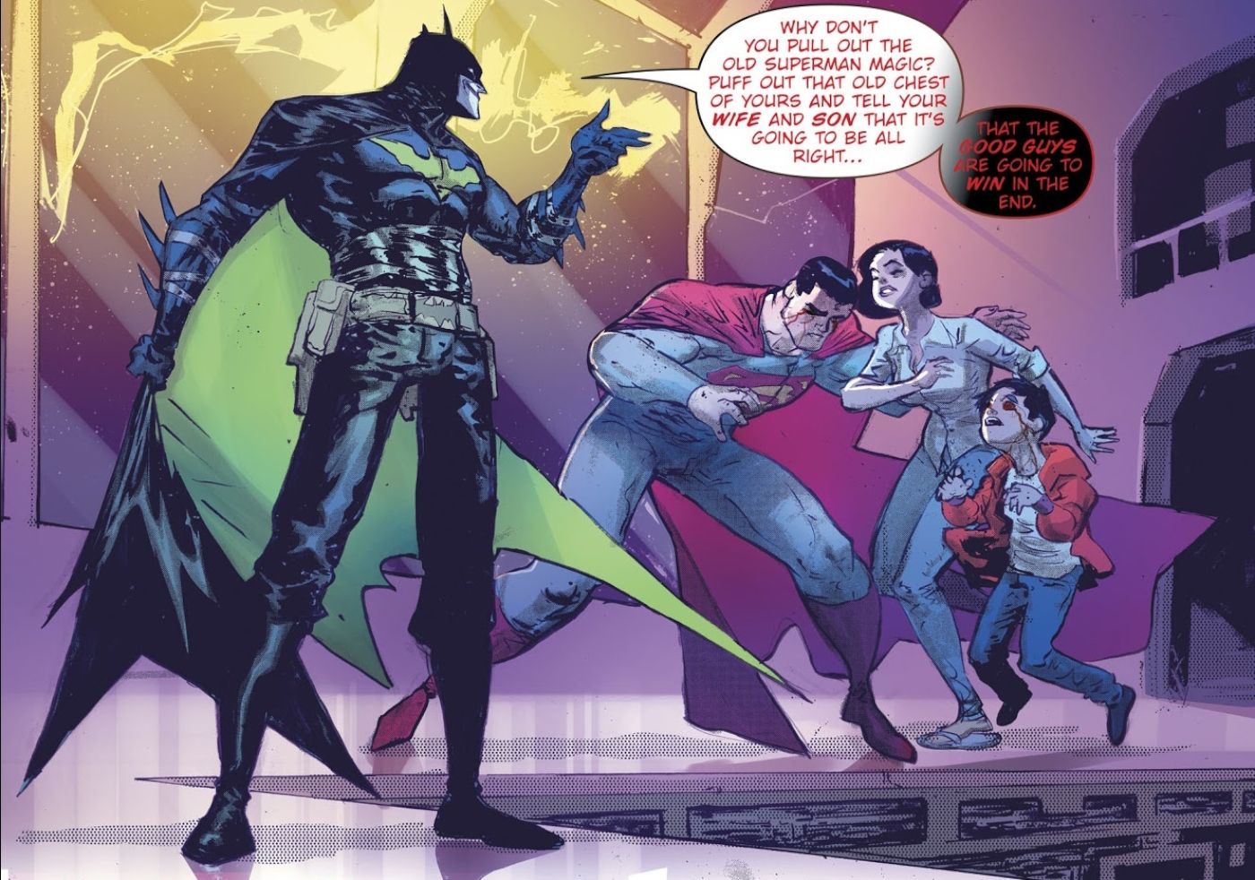 The Batman Who Laughs' in his original Batsuit, confronting Superman and his Family
