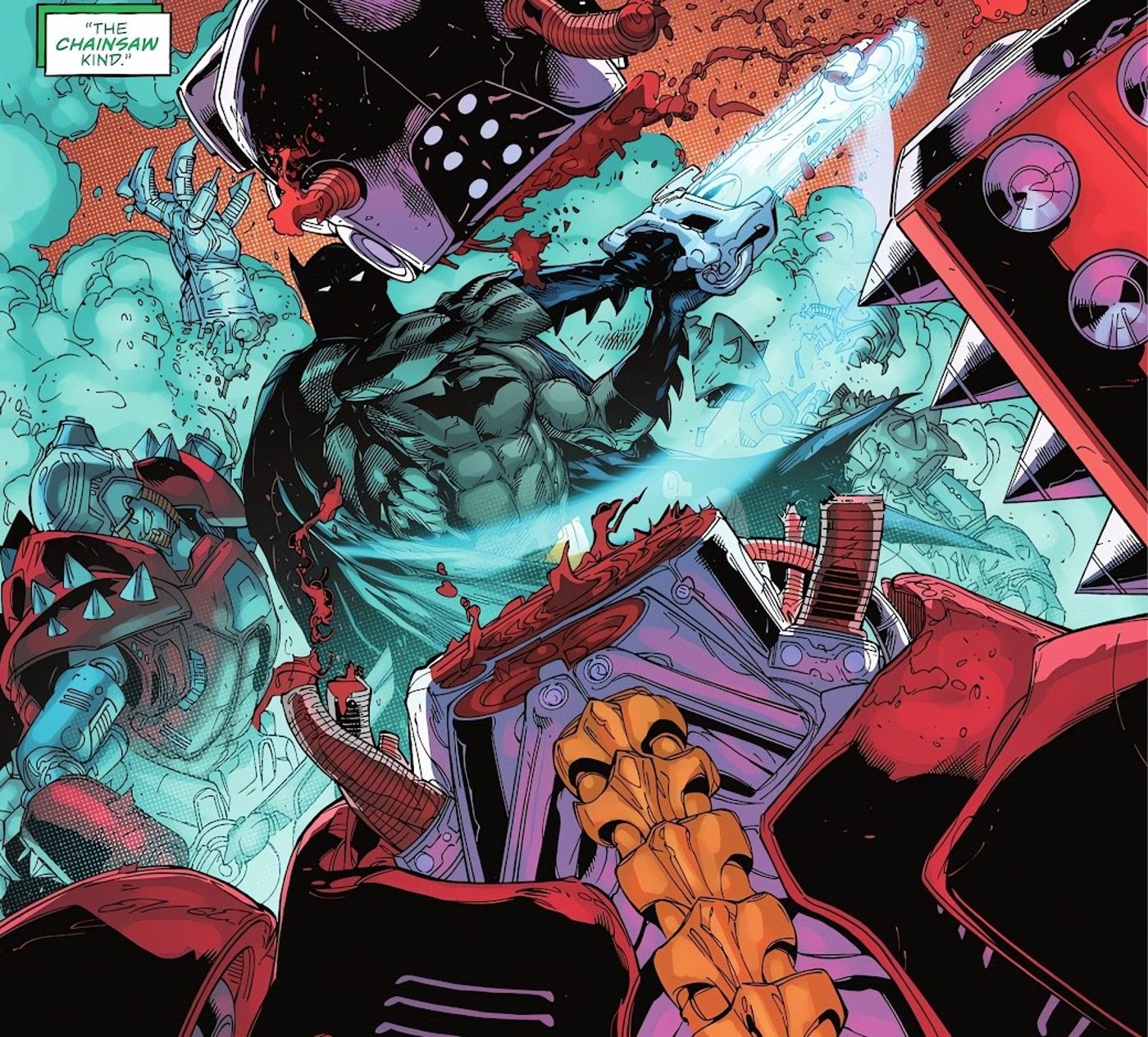 Comic book panel: Batman with a Chainsaw Weapon