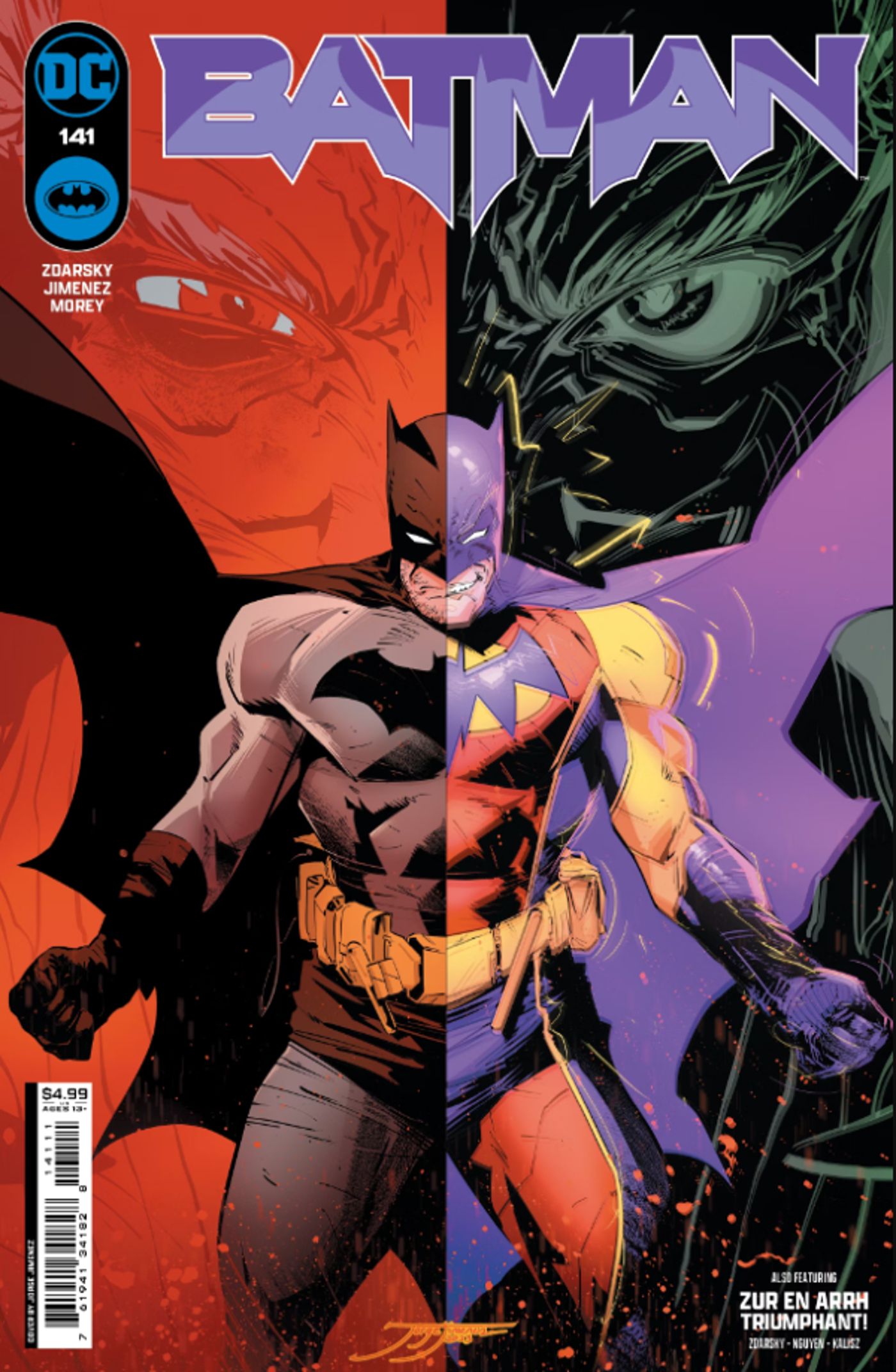 Capa de Batman #141 (por Jorge Jimenez) apresentando uma imagem dividida de Batman em seu traje clássico (à esquerda) e sua personalidade vilã Zur-En-Arrh em roxo e amarelo (à direita)