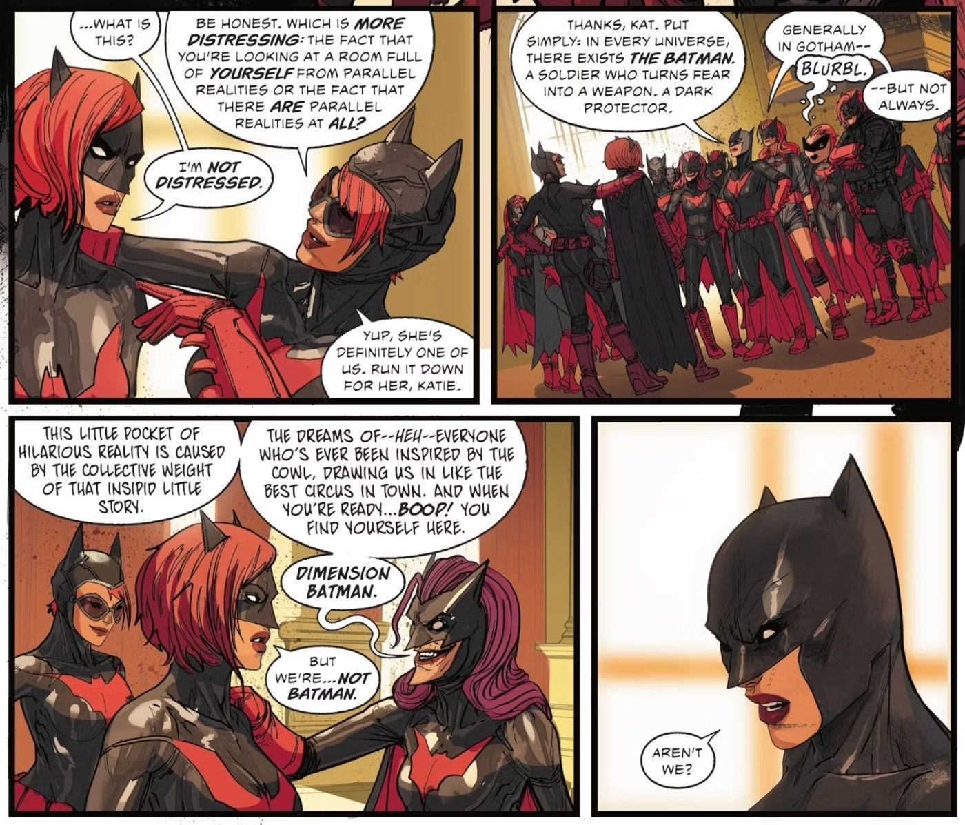 Comic book panels: many version of Batwoman discuss Dimension Batman.