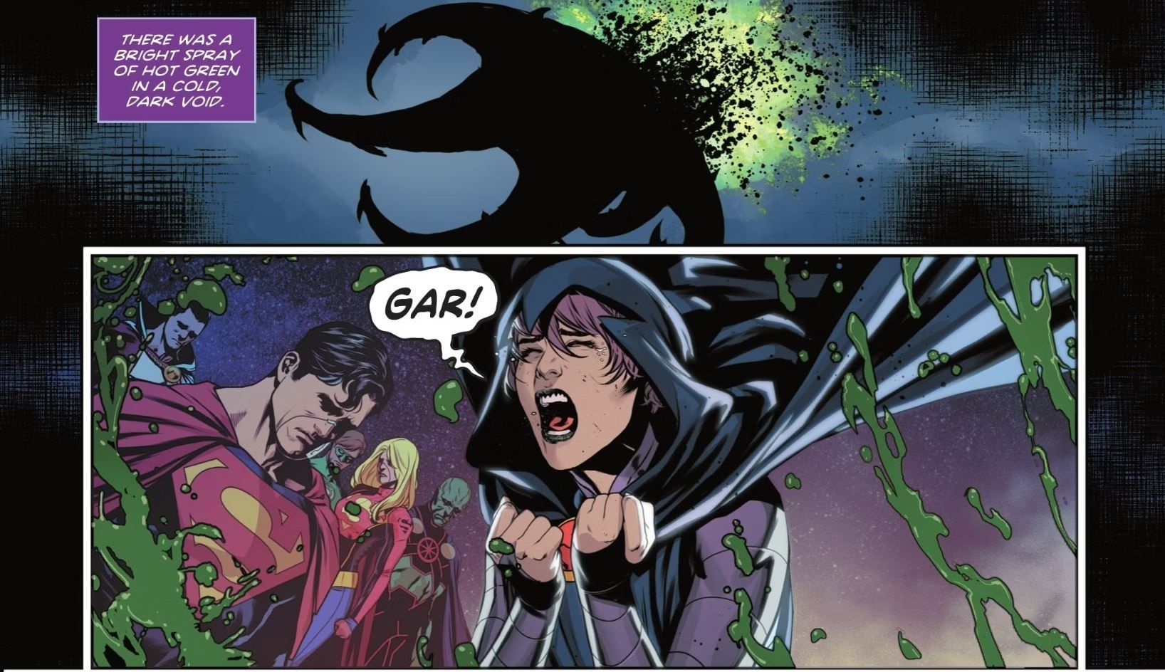 Comic book panels: Raven screams in anguish as Beast Boy "dies" as Garro during Beast World.