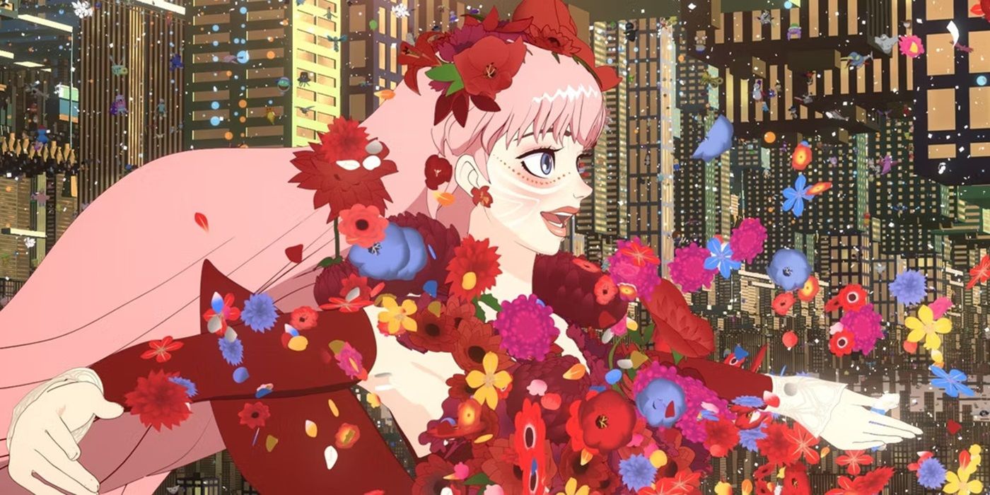 Mamoru Hosoda's Belle, featring the lead protagonist in a red dress covered in flowers singing.