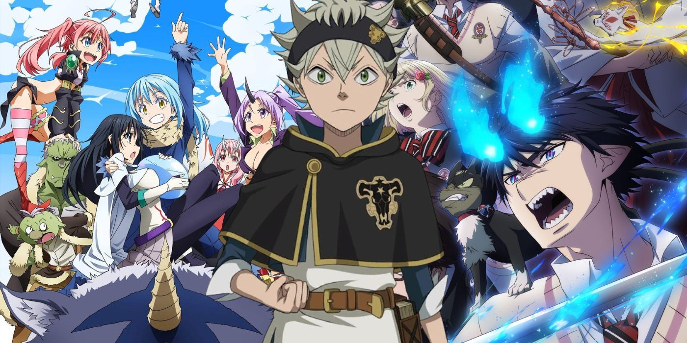Best Fantasy Anime on Hulu cover art featuring Asta from Black clover, that time I got reincarnated as a slime, and blue exorcist