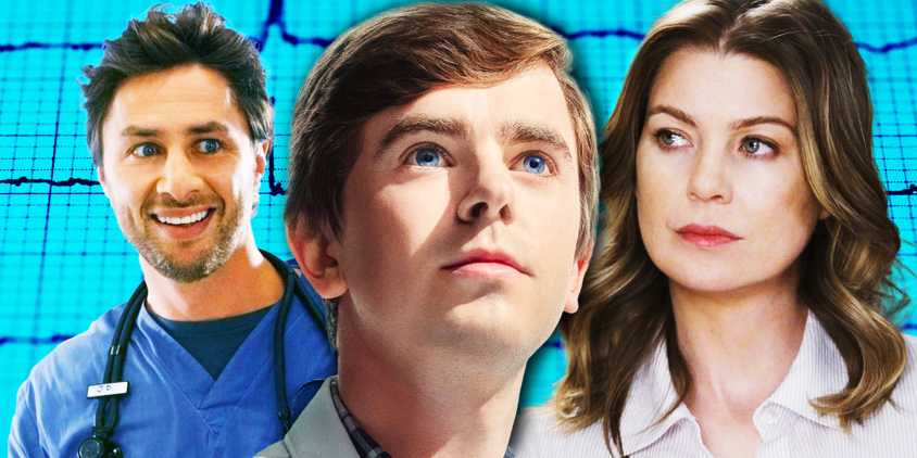 Collage of JD from Scrubs, Shaun from The Good Doctor and Meredith from Grey's Anatomy