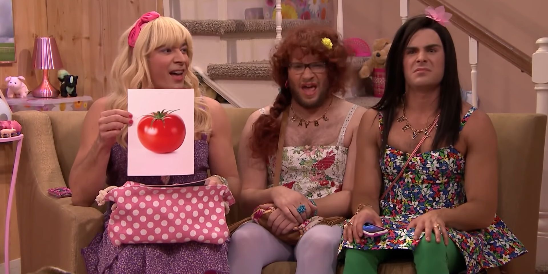 Jimmy Fallon, Seth Rogen, and Zac Efron in drag for &ldquo;Ew!&rdquo; skit on The Tonight Show Starring Jimmy Fallon.