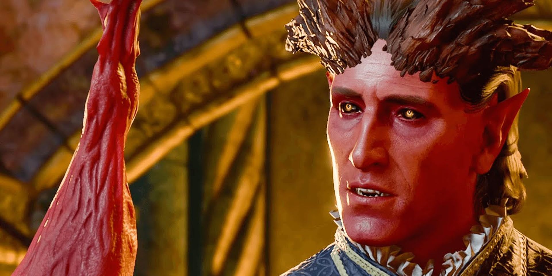 Raphael mid-sentence in his cambion form, with horns and red skin, in a screenshot from Baldur's Gate 3.