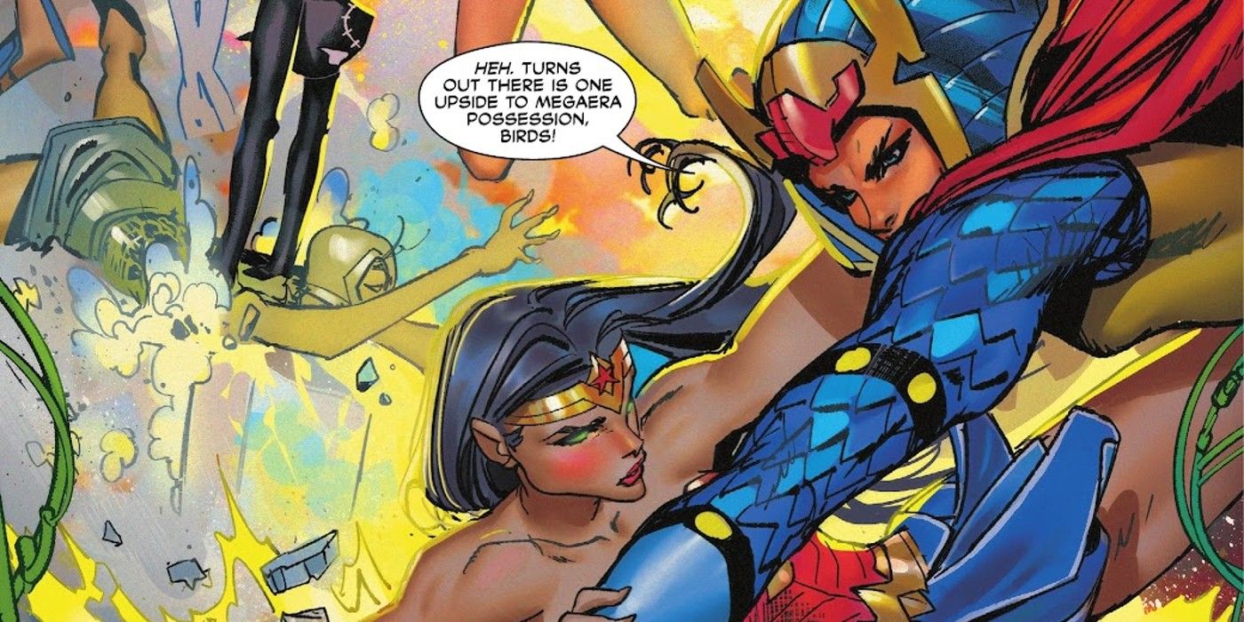 Painel de quadrinhos: Big Barda lutando contra uma Mulher Maravilha possuída.