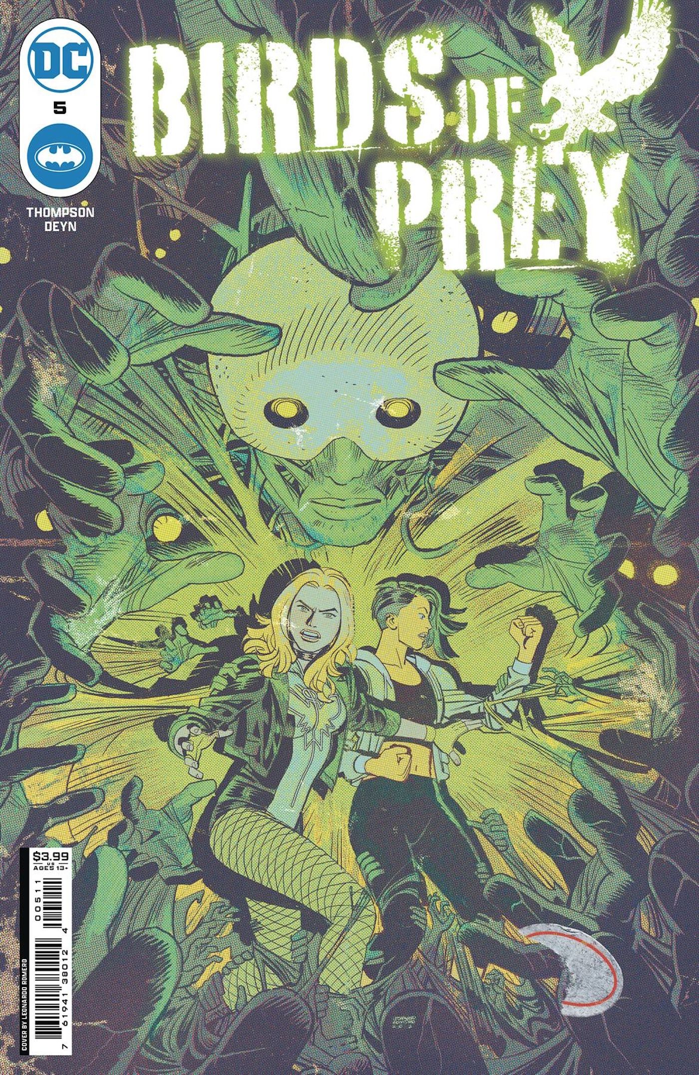 Birds of Prey 5 Main Cover: Black Canary and her sister Sin surrounded by a green monster with many hands.