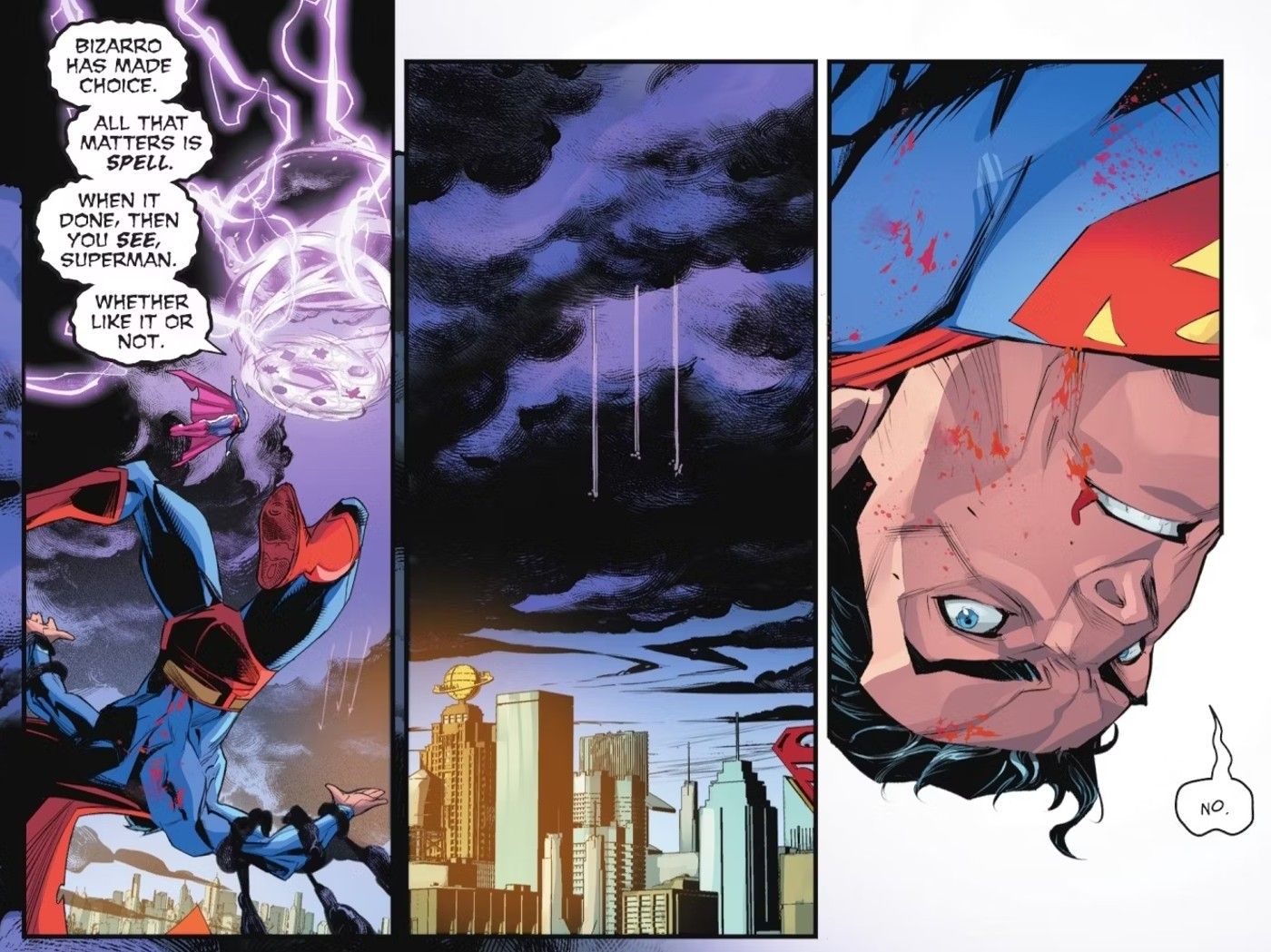 Painéis de quadrinhos: Superman cai enquanto Bizarro lança um feitiço.