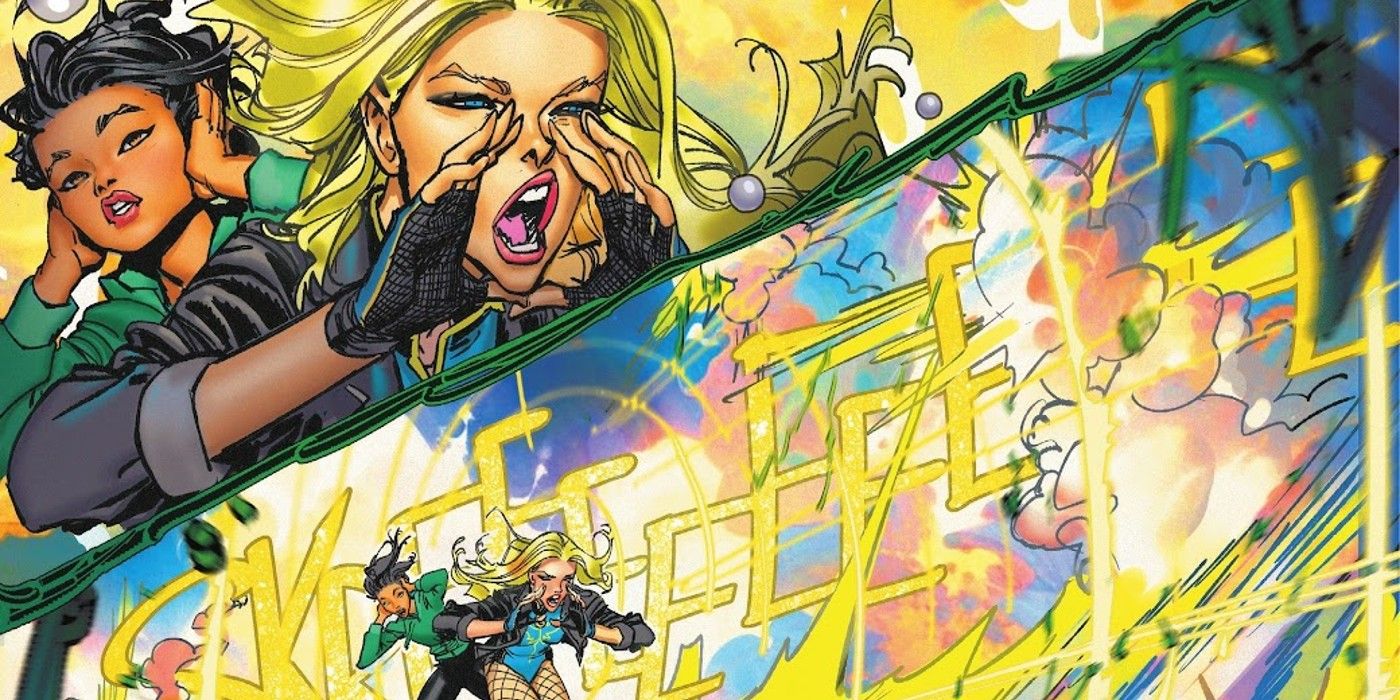 Comic book panels: Black Canary unleashes a sonic scream in yellow tones.