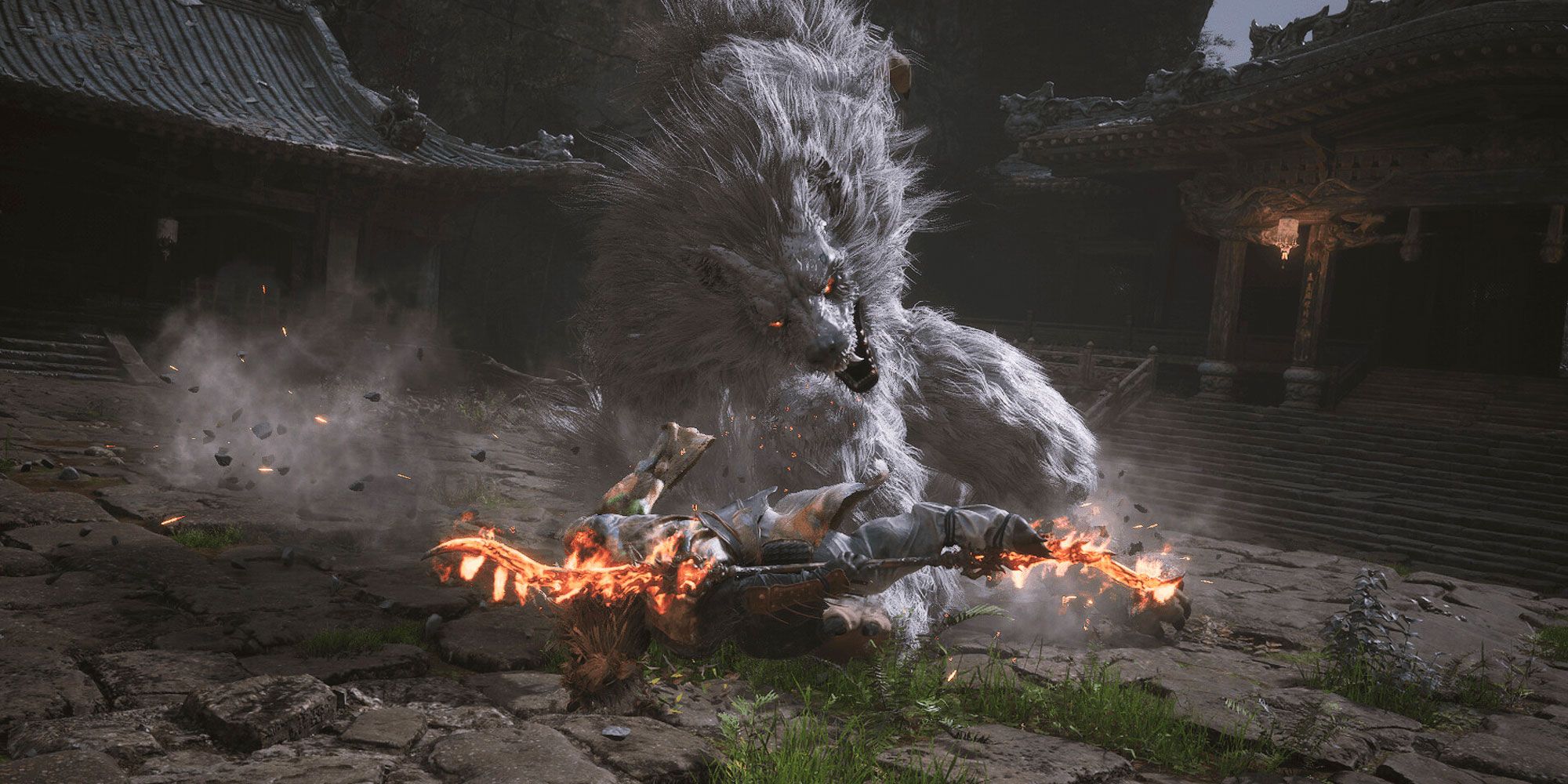 Sun Wukong dodges a savage attack from a giant white wolf. 