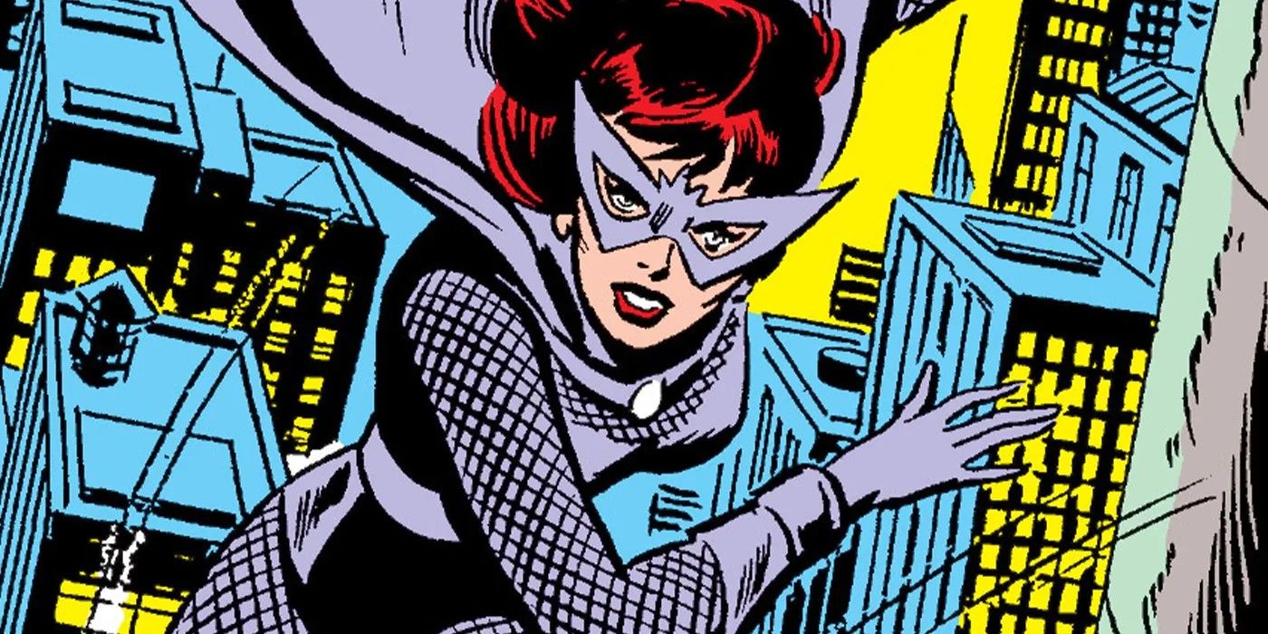 Image of the Black Widow, in her original outfit, swinging through a city skyline.