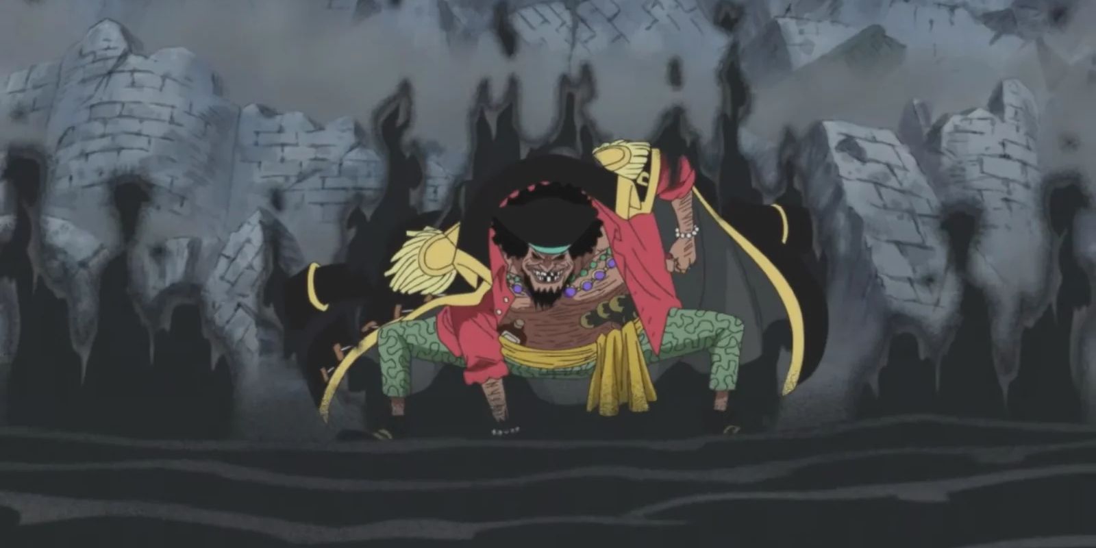 Screenshot from One Piece anime shows Blackbeard putting his hand into the ground and waves of darkness forming around him while a Marineford building crumbles behind him.