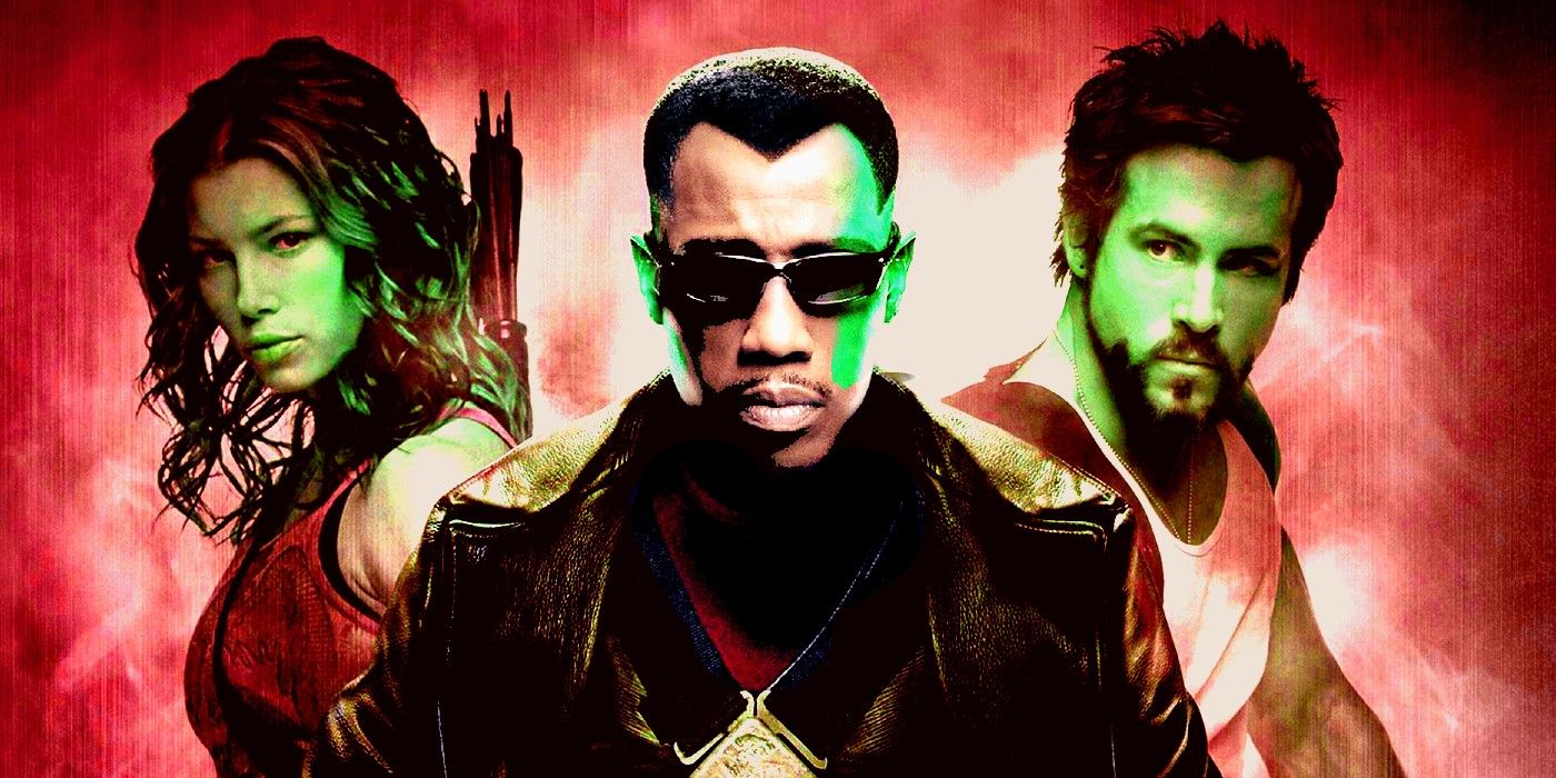Blade trinity positives, blade trinity poster in red, with wesley snipes, ryan reynolds, and jessica biel