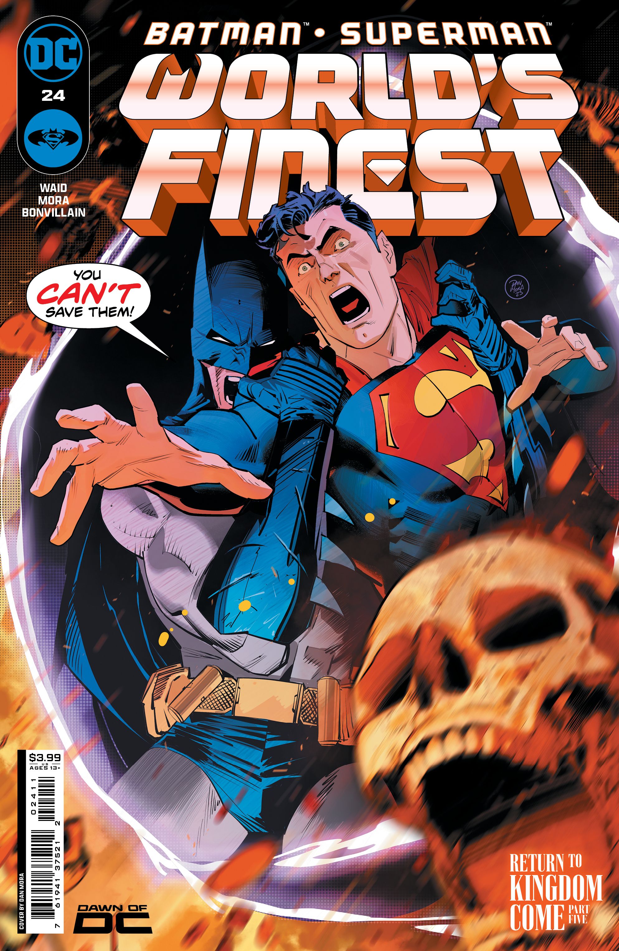 Batman Superman World's Finest 24 Main Cover: Batman holding back a scared looking Superman with a skull in the bottom right corner.