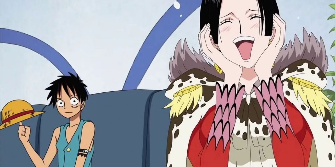 Boa hancock gushing while Luffy looks indifferent in the back spinning his straw hat on his finger in One Piece