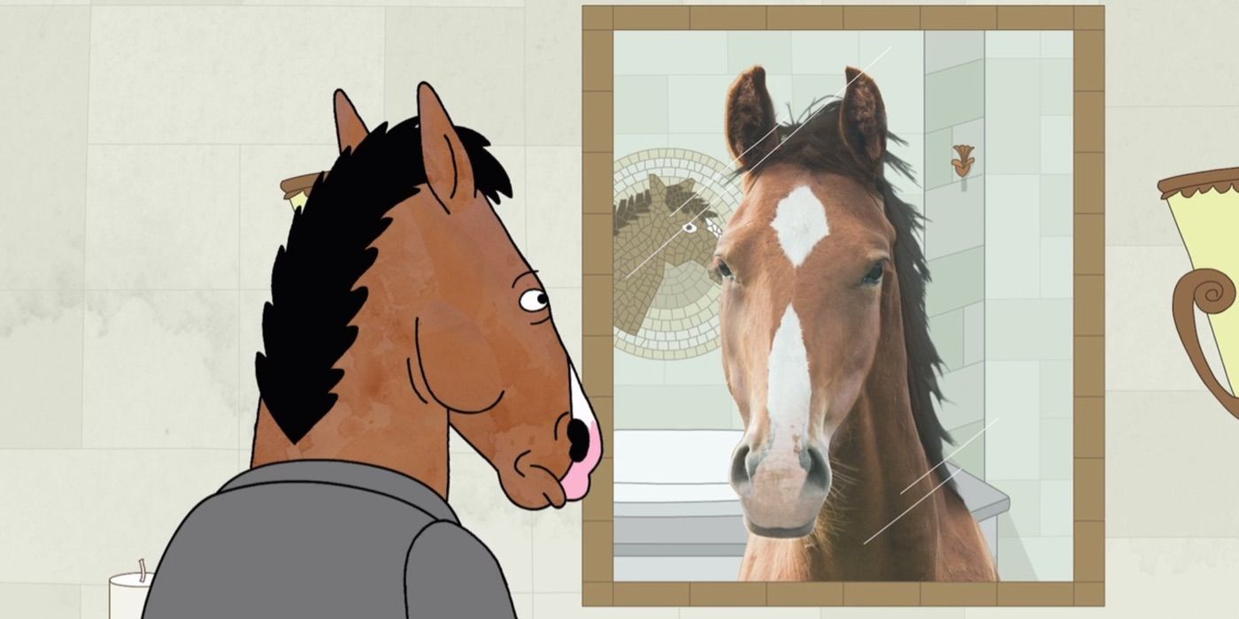 BoJack Horseman looking in the mirror and seeing a real-life horse