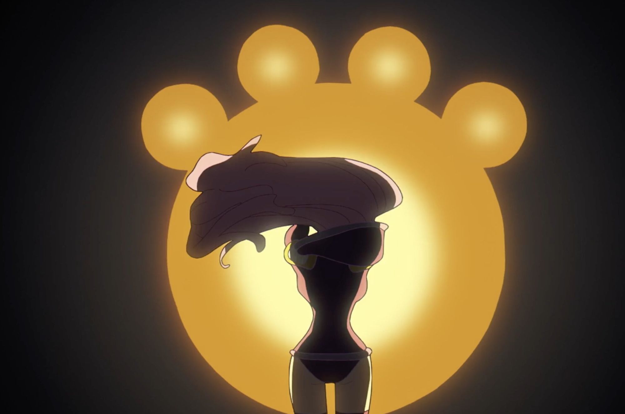 Screenshot from One Piece anime Egghead opening shows Bonney reaching towards a large yellow paw shapped bubble while her pink hair flies in the air.