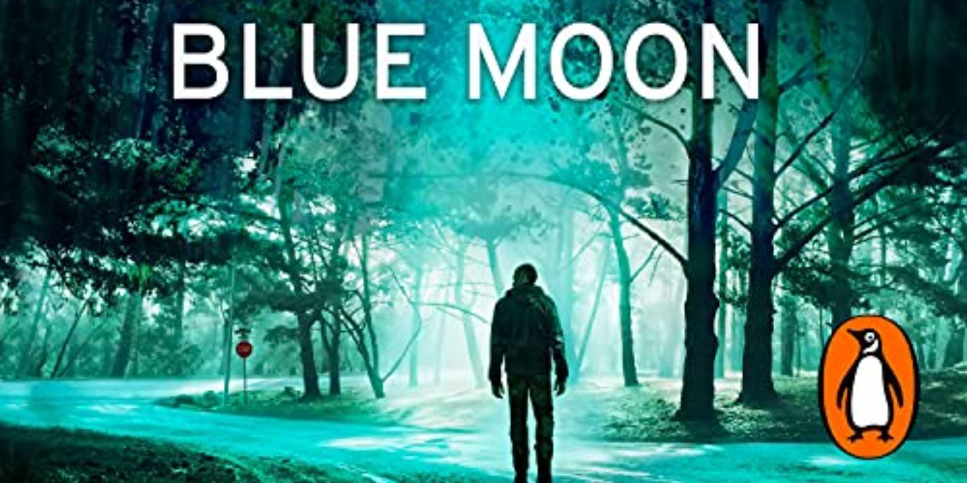 Book cover of Blue Moon shows a man walking into a forest by Lee Child